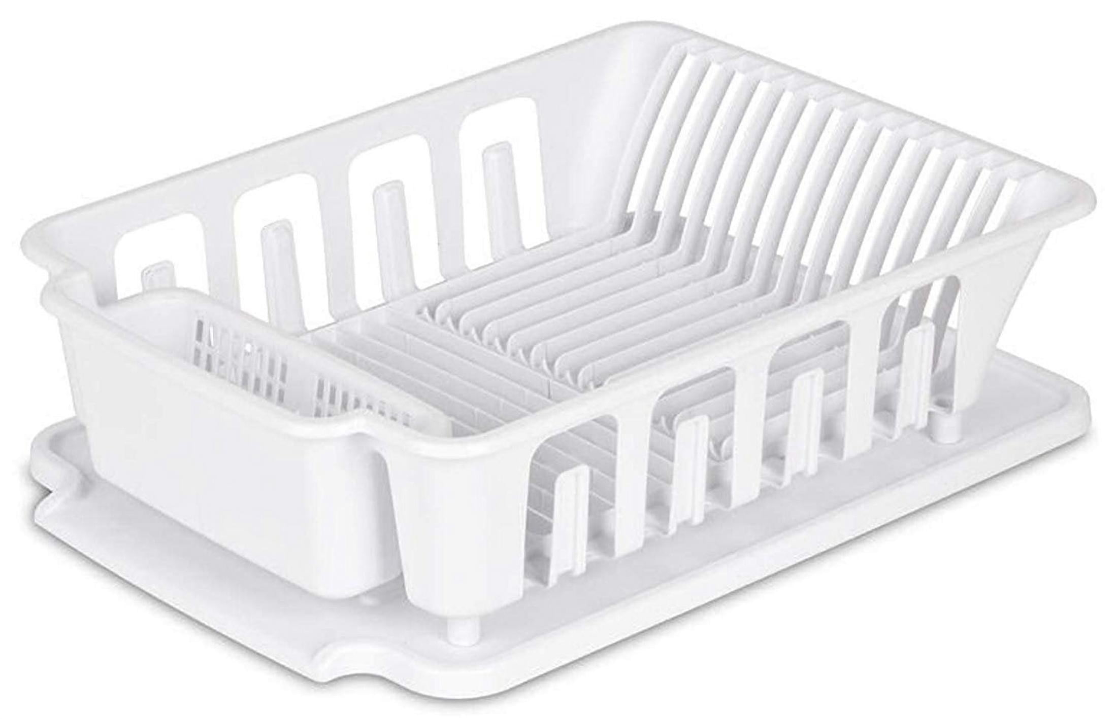 Sterilite Large 2 Piece Sink Set, Dish Drainer and Drainboard for Plates, Cups, and Flatware, White, 6 Count