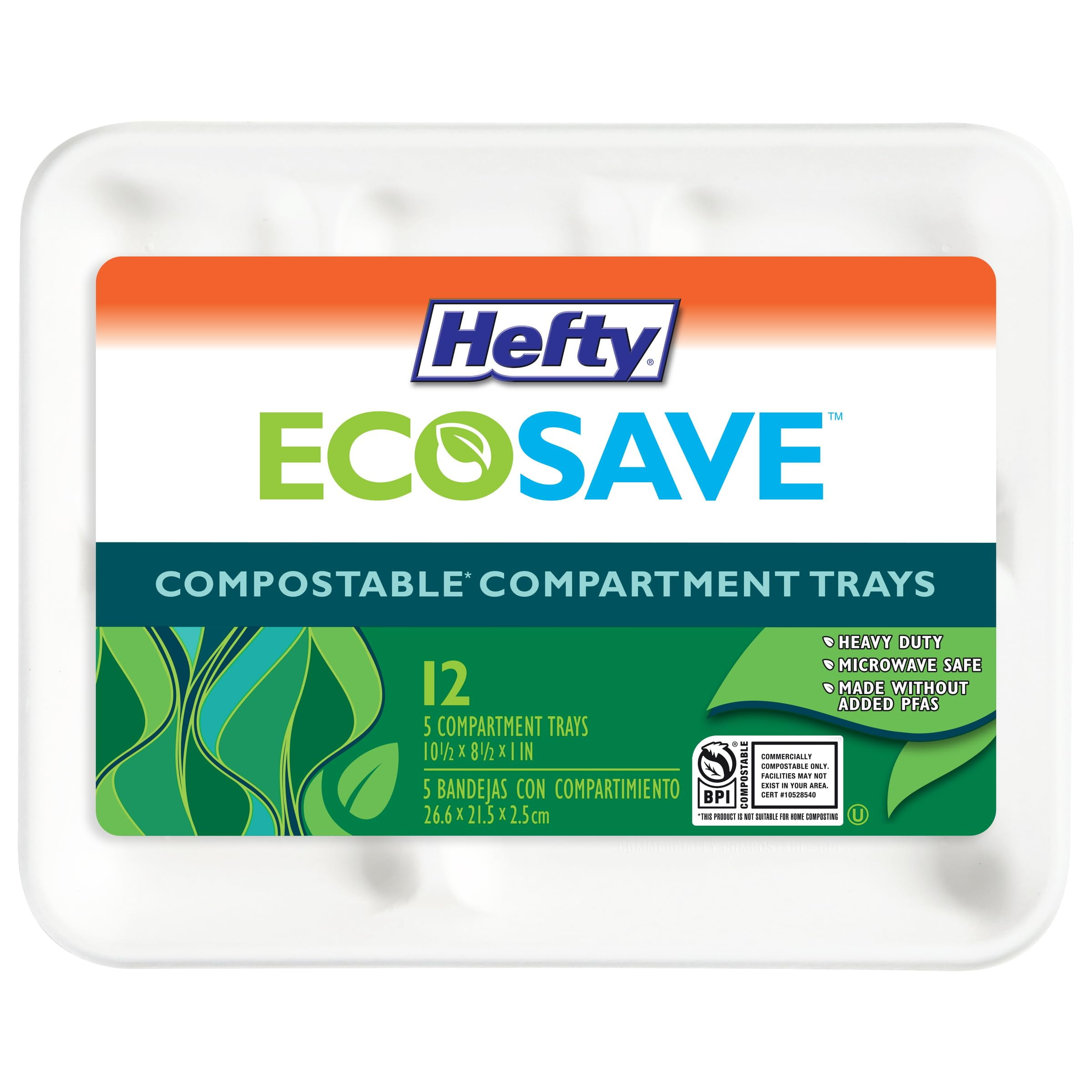 Hefty ECOSAVE Compostable 5-Compartment Paper Trays, 12 Count