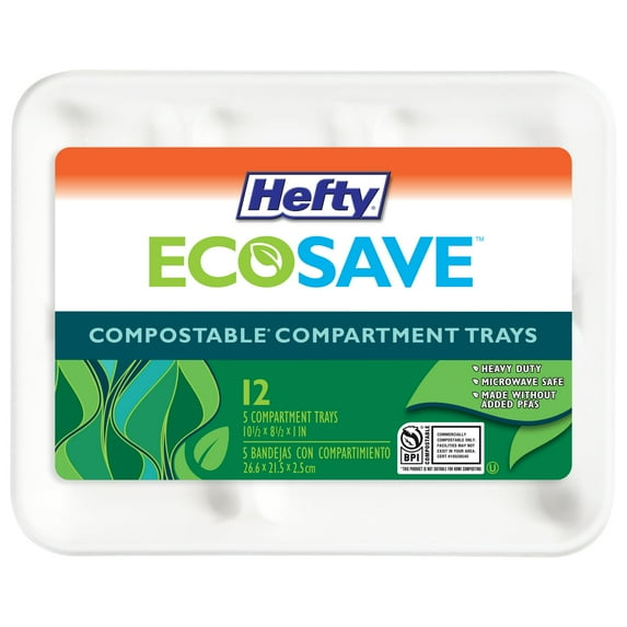 Hefty ECOSAVE Compostable 5-Compartment Paper Trays, 12 Count