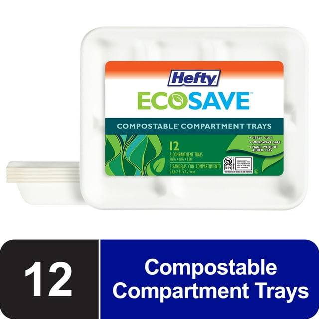 Hefty ECOSAVE Compostable 5-Compartment Paper Trays, 12 Count