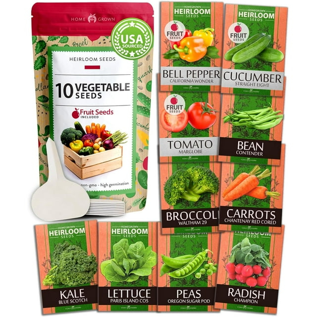 Heirloom Vegetable Seeds -10 Variety - Non GMO Vegetable Seeds For Planting Indoor or Outdoors, Brussel Sprouts, Carrots, Peppers, Cucumber, Kale, Romain, Peas, Radish, Tomato Seed - Home Garden Seeds