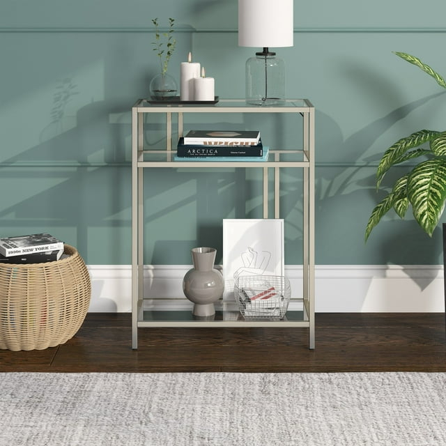 Henn&Hart 22" Satin Nickel Finish Metal/Glass Console Table