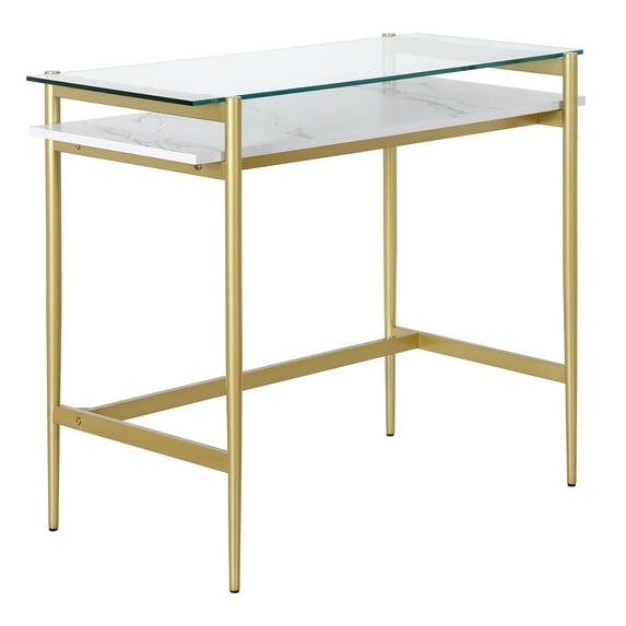 Henn&Hart 36" Brass/Faux Marble Metal/Glass/Faux Marble Home Office