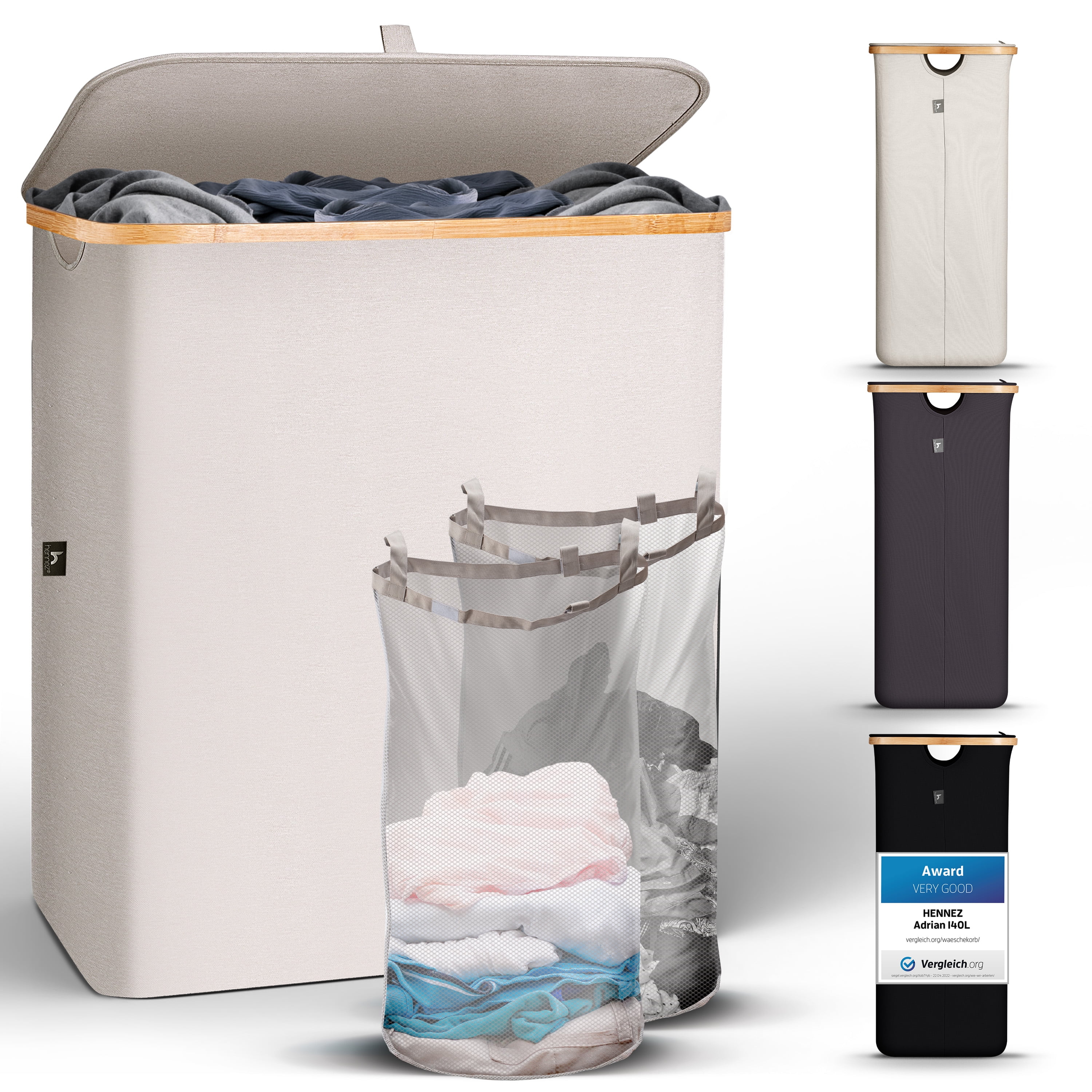 Hennez® Double Laundry Hamper with Lid, 2x Removable Bags, Thic Fabric, Bamboo Hamper 140Liter - 36gal - Light Gray