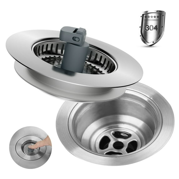 Hibbent 3-in-1 Kitchen Sink Drain Strainer  Stopper , Stainless Steel Pop-Up Design, Anti-Clogging Metal Basket with Handle, Compatible with US Standard 3-1/2" Drain