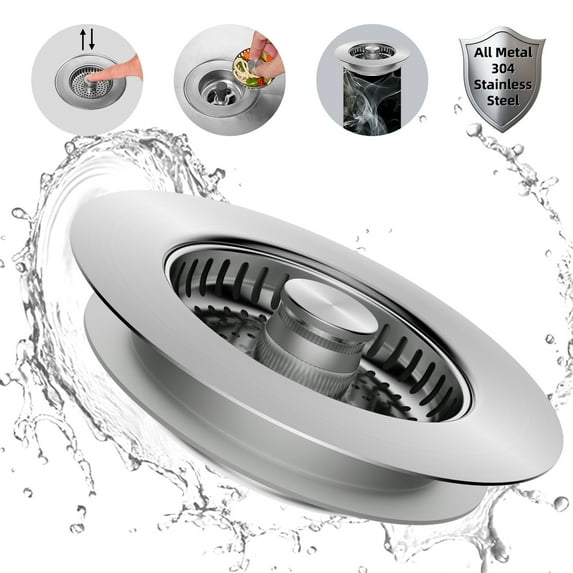 Hibbent 3-in-1 Kitchen Sink Drain Strainer  Stopper , Stainless Steel Pop-Up Design, Anti-Clogging Metal Basket with Handle, Compatible with US Standard 3-1/2" Drain