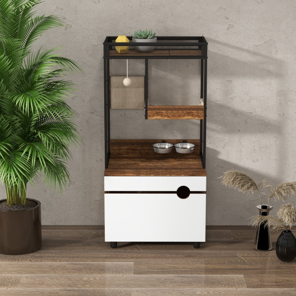 White and Brown Multifunctional Cat Tree with Litter Box Enclosure