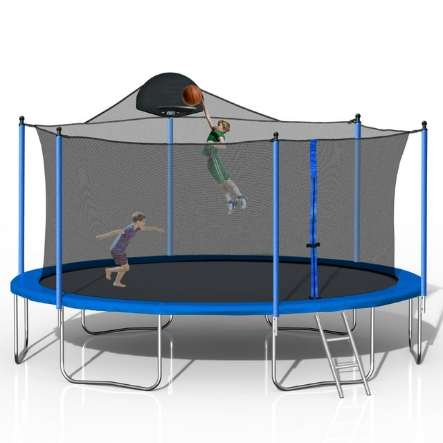 14 FT Trampoline Outdoor with Basketball Hoop, Backyard Trampoline with Enclosure Net, Heavy Duty Large Trampoline for Kids and Adults, Double-side Color cover