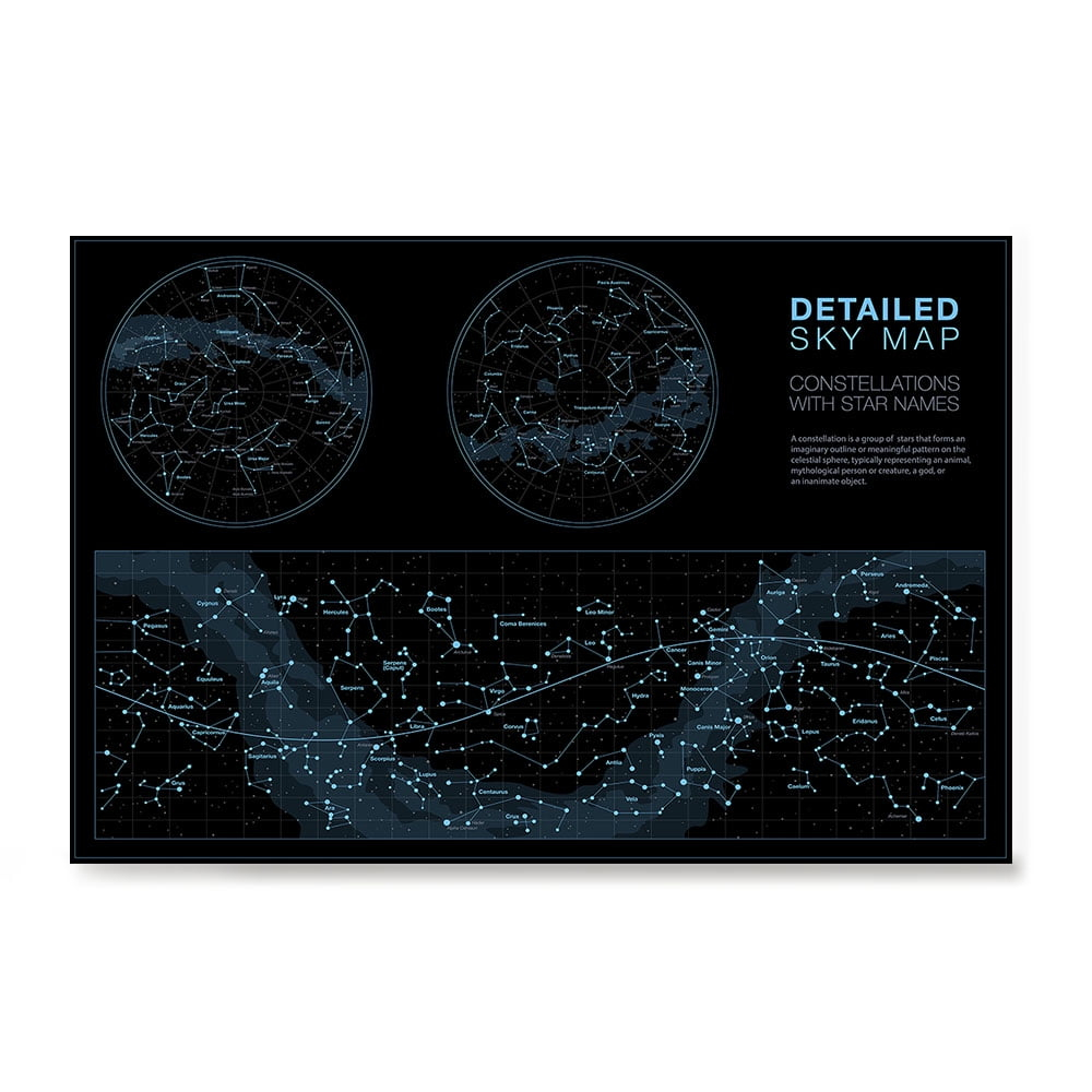 Higly Detailed Sky Map Poster - Constellations with Star Names - Wall Art Print for School Home Office Classroom Décor - 16X24 inches