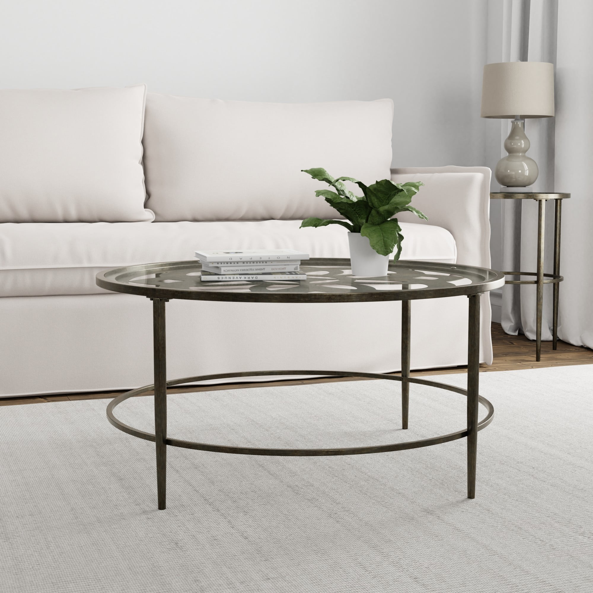 Hillsdale Furniture Marsala Glass-Top Metal Coffee Table, Gray with Brown Rub