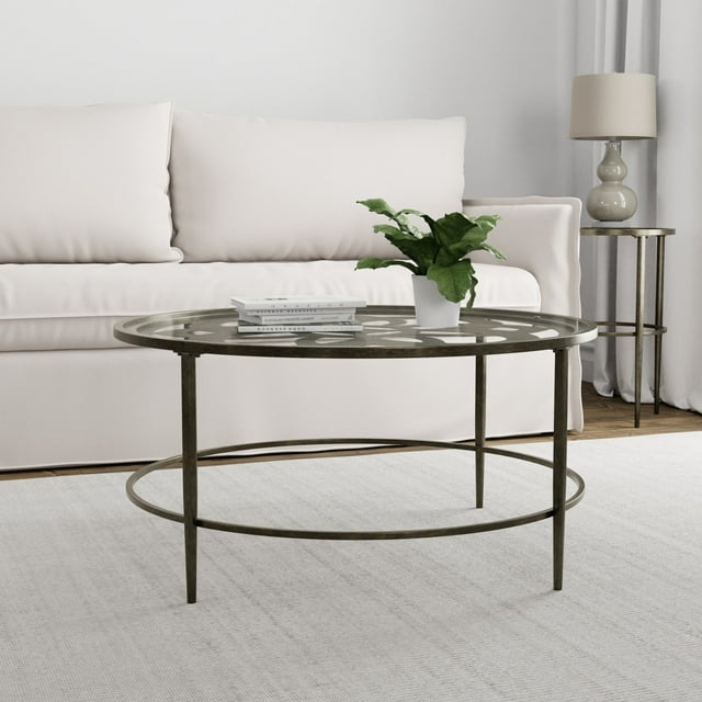 Hillsdale Furniture Marsala Glass-Top Metal Coffee Table, Gray with Brown Rub