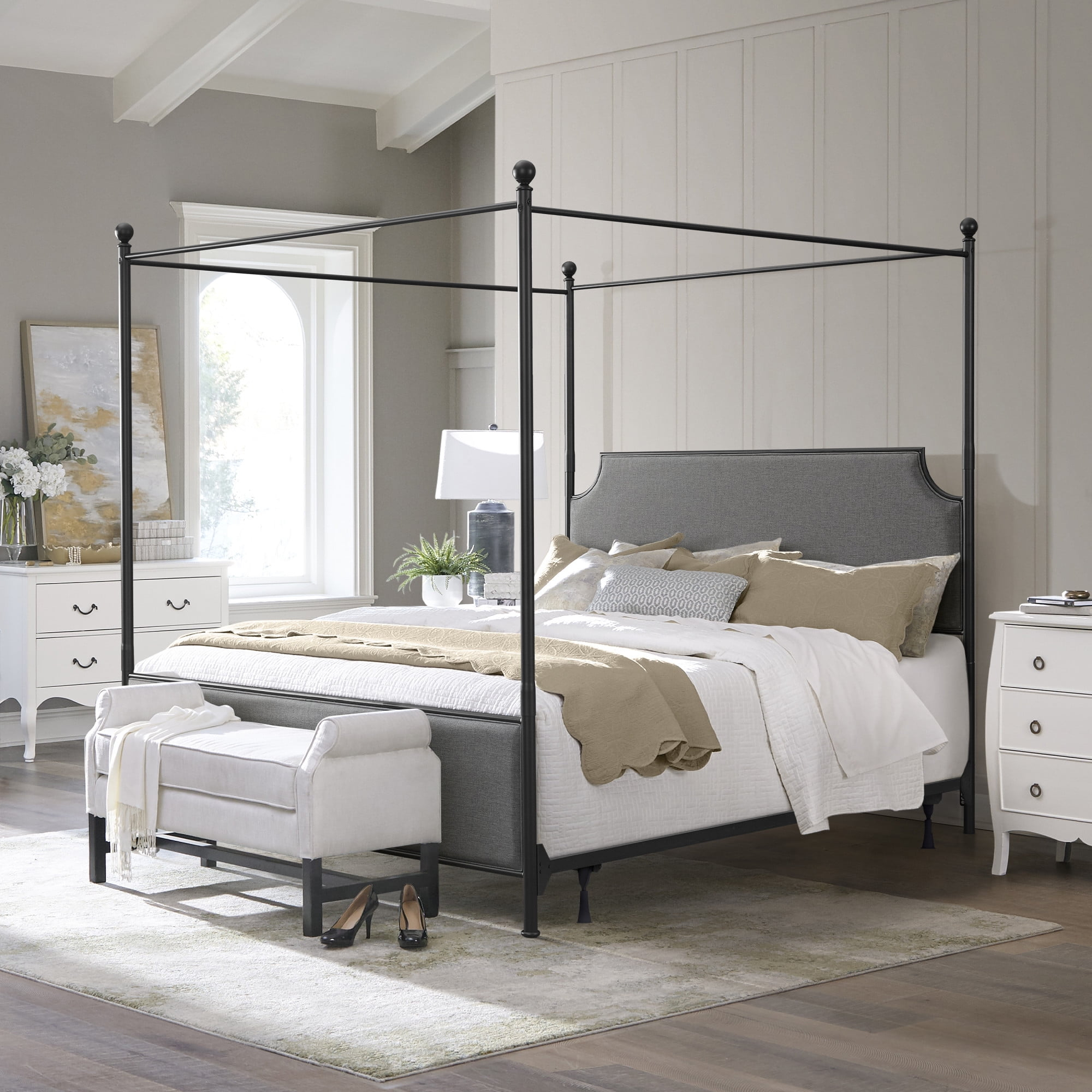Hillsdale Furniture McArthur Metal Upholstered Canopy King Bed, Black Matte with Gray