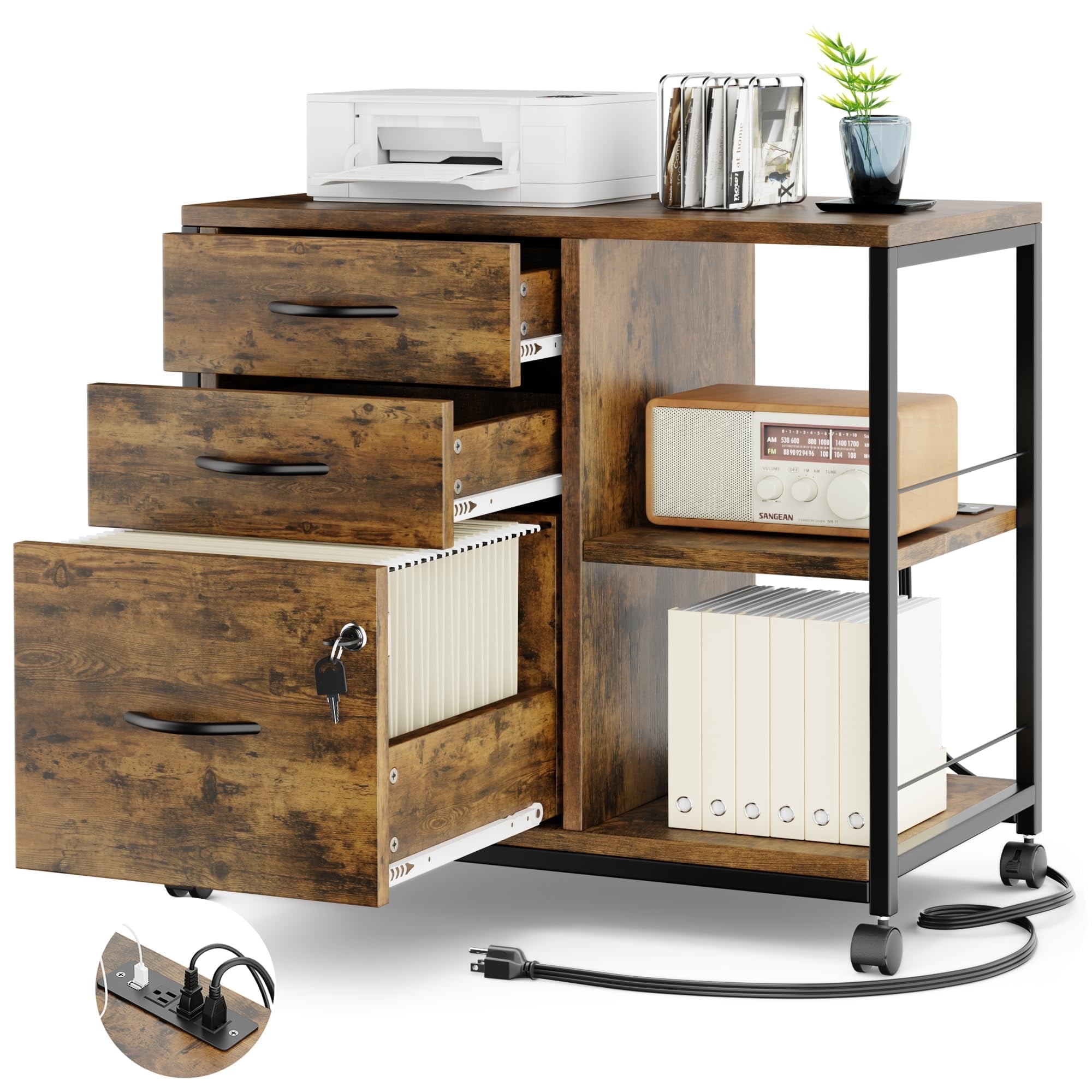 GIKPAL 3 Drawers File Cabinet with Printer Stand and USB Charging Ports, Wood Filing Cabinet with Locking for A4/Letter Size, for Home Office, Brown