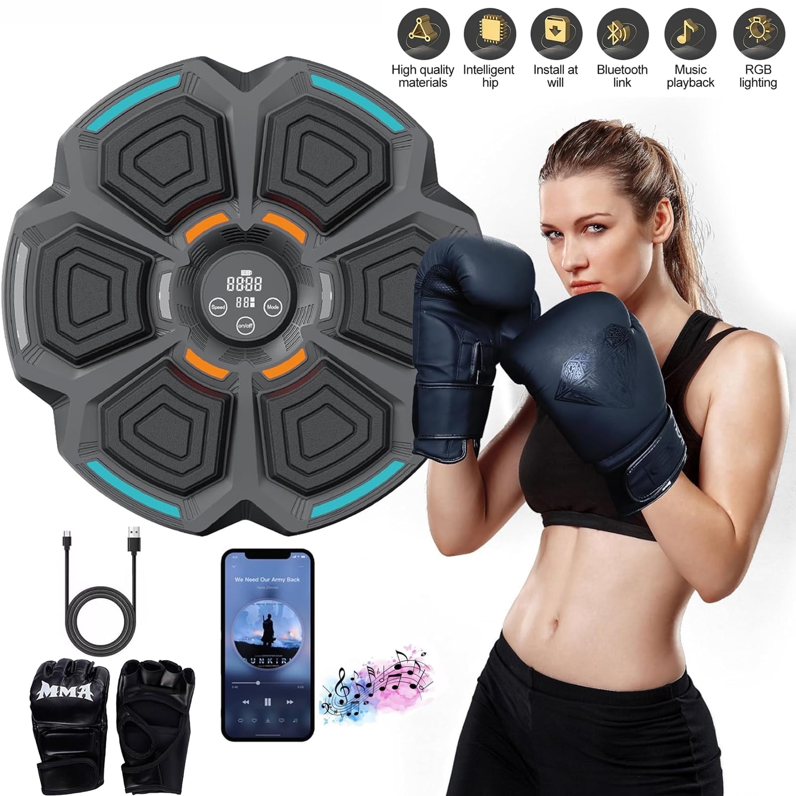 Music Boxing Machine for Adults : Smart Bluetooth Wall Mounted Punching Trainer with Gloves - Interactive Boxing Target - Workout Boxing Equipment for Home Gym Office
