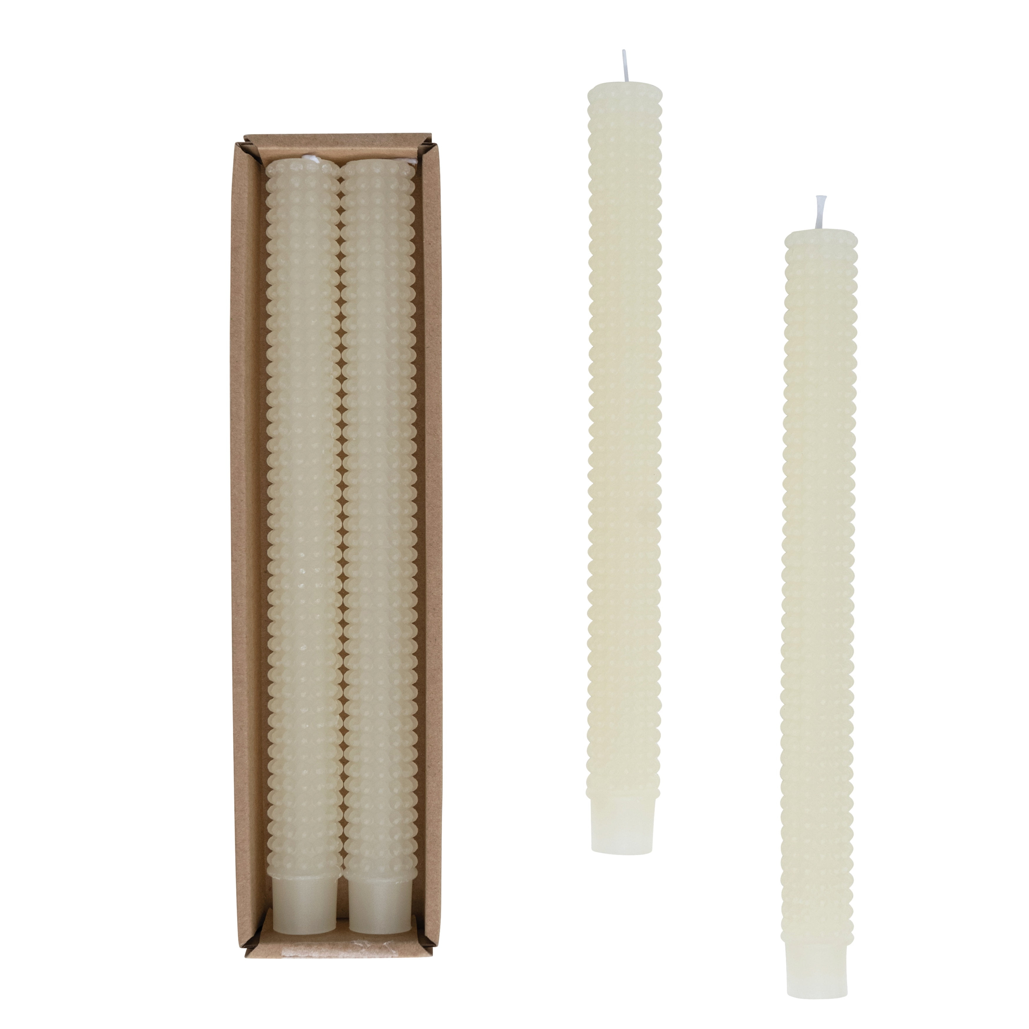 Creative Co-Op Unscented Hobnail Taper Candles in Box, Set of 2, Cream