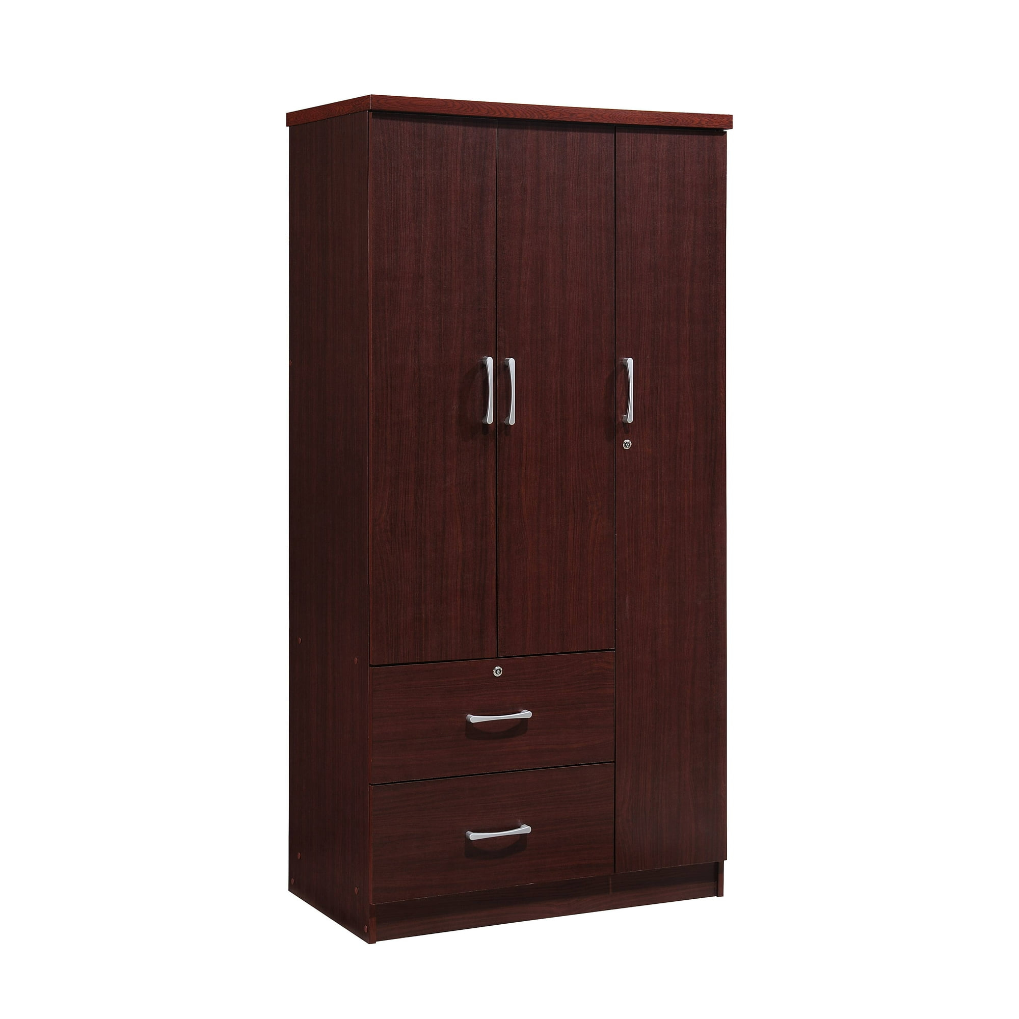 Hodedah 3 Door Bedroom Armoire with Drawers, Mahogany