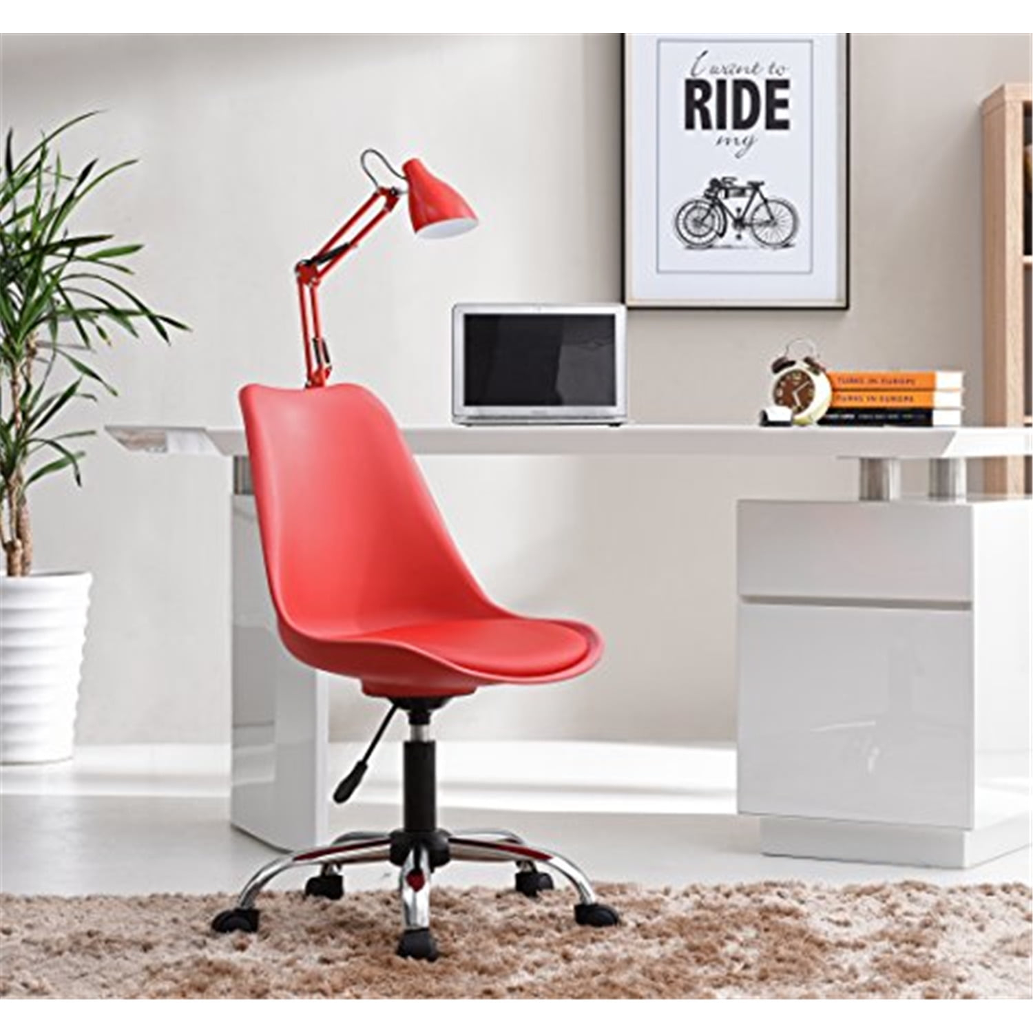 Hodedah Armless Faux Leather Office Chair with Seat Cushion in Red