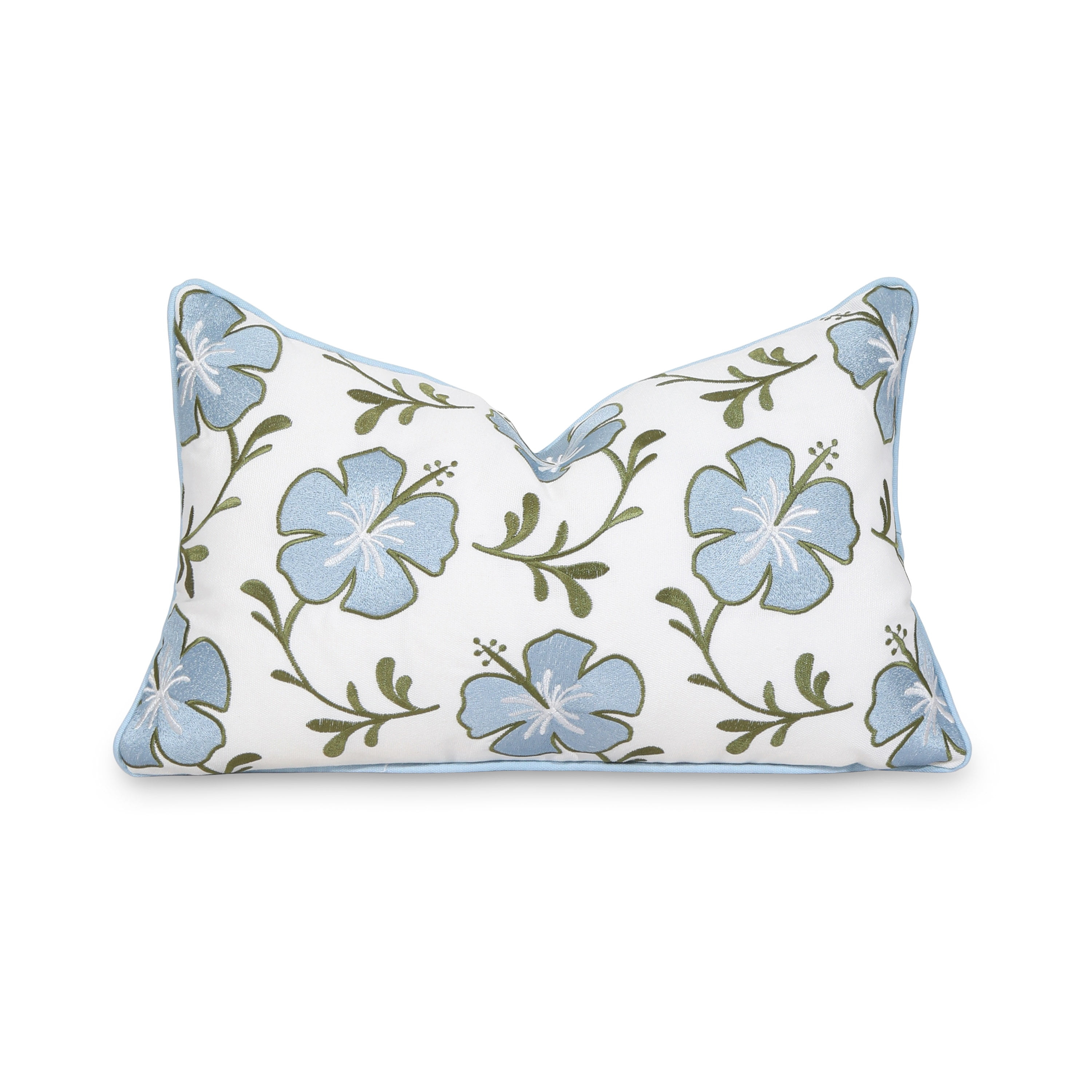 Hofdeco Premium Coastal Patio Indoor Outdoor Lumbar Pillow Cover Only, 12"x20" Water Repellent for Backyard, Couch, Baby Blue Green Embroidered Hibiscus Floral with Piping