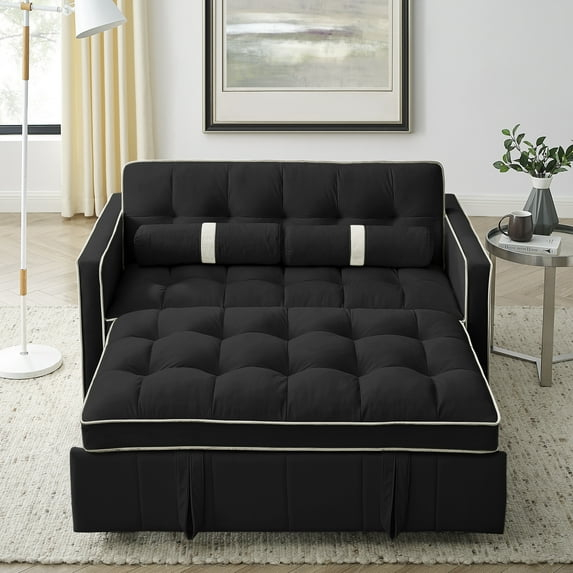 3 in 1 Convertible Sleeper Sofa Bed,55" Modern Velvet Sofa Couch Bed with 2 Lumbar Pillows and Adjsutable Backrest,2 Seater Loveseats Sofa for Apartment Office Living Room,Black