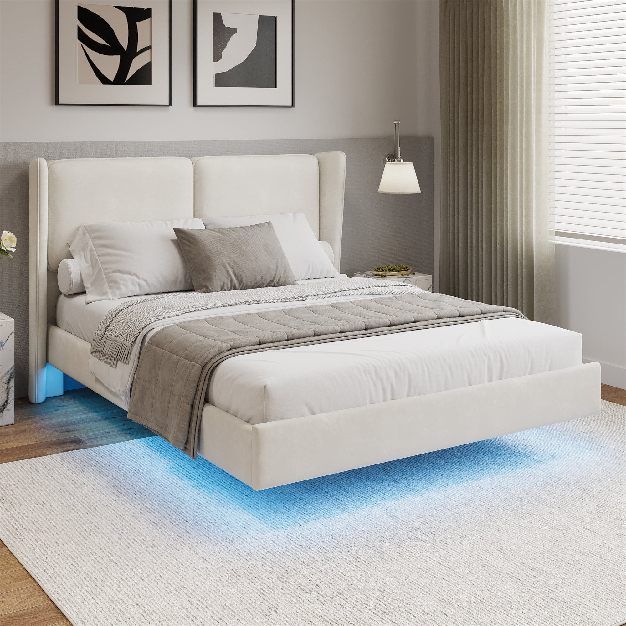 Holaki Full Size Bed Frame,Modern Style Velvet Fabric Floating Bed Frame with LED Lights Wingback Upholstered Bed No Box Springs Needed,Full Size,Beige