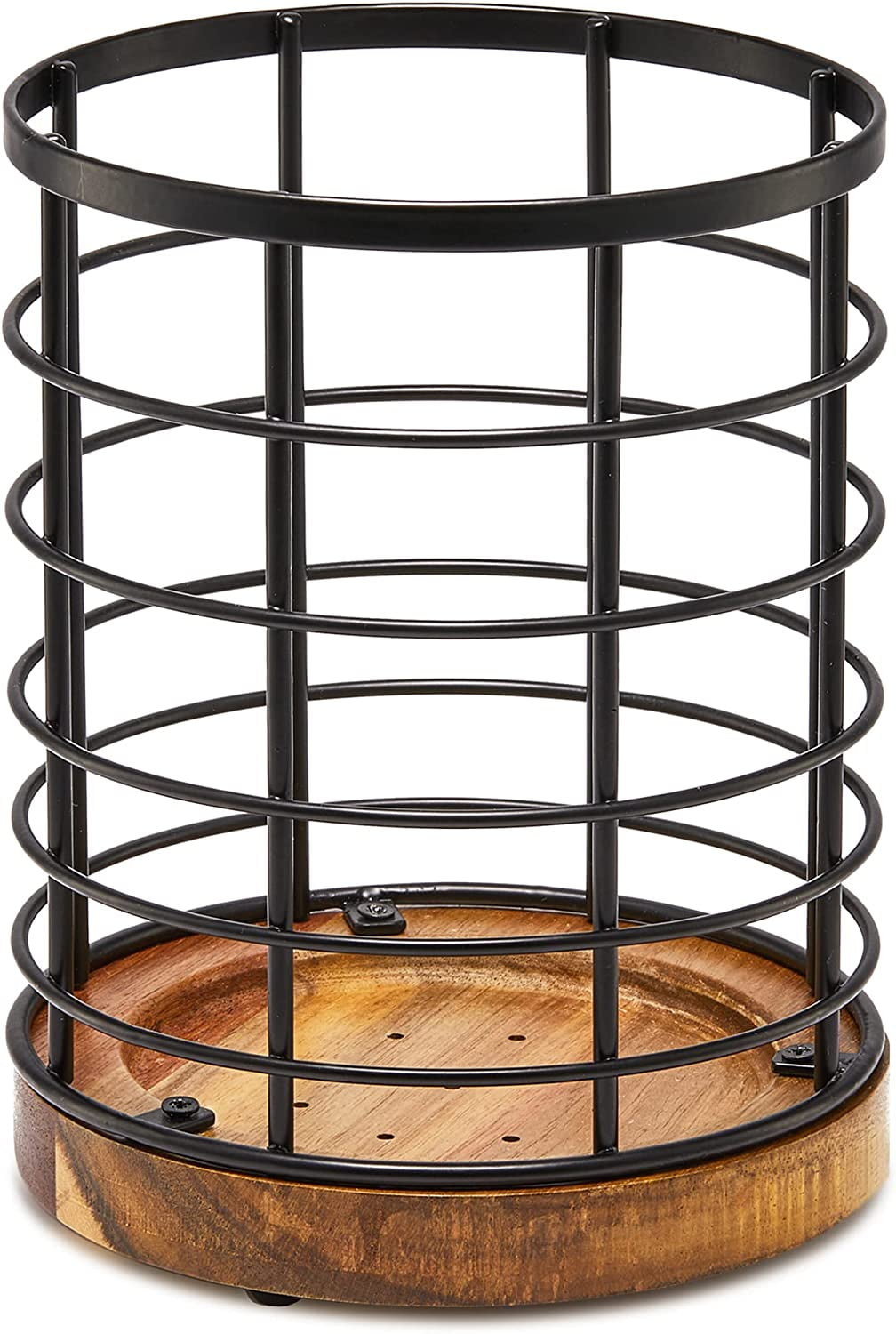 Utensil Holder for Kitchen Counter,Black Wire with Wooden Base Countertop Utensil Holder, Large Wooden Cooking Utensil Holder, Kitchen Utensil Organizer.