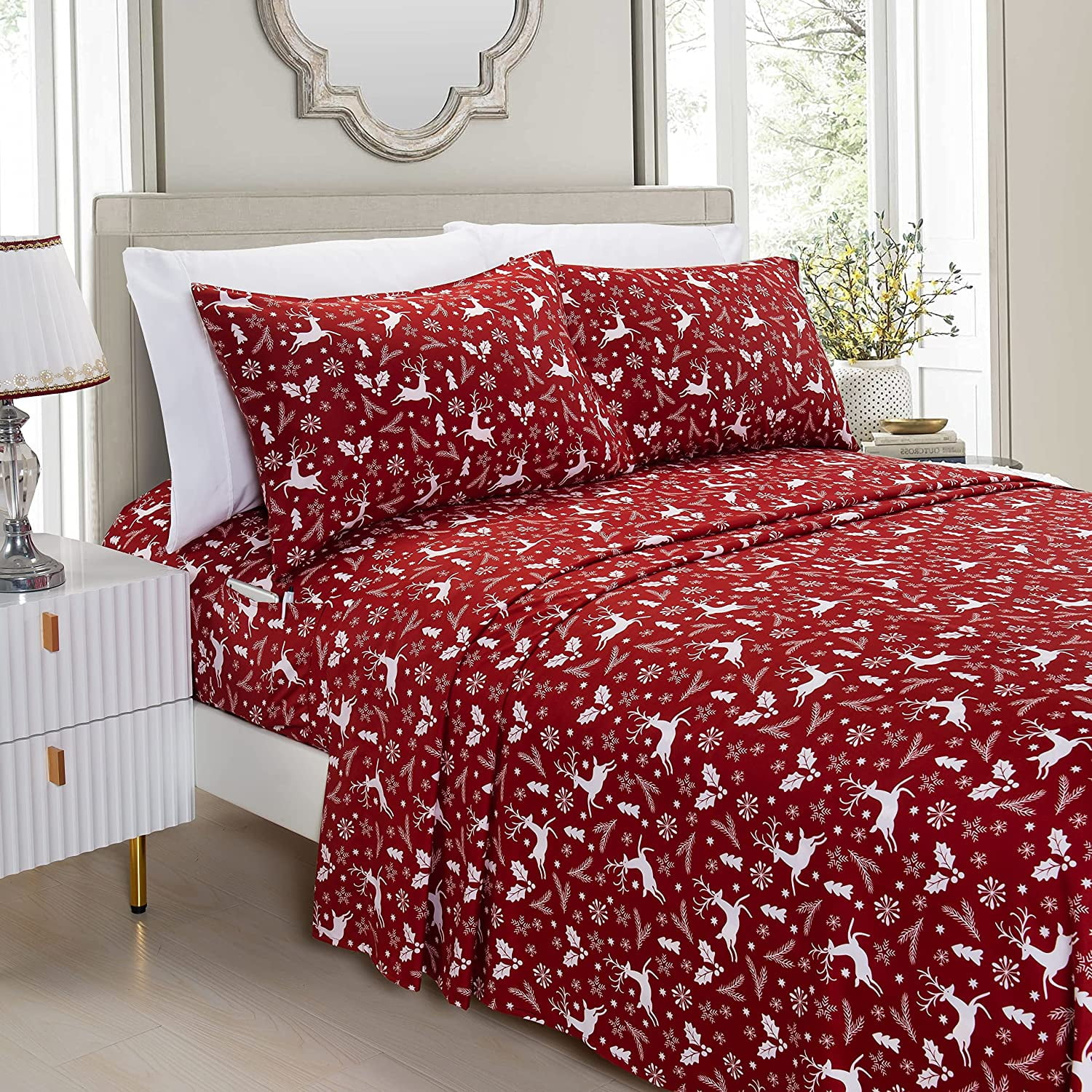 Holiday Pattern 1500 Thread Count Sheet set (6-Piece) Bedding Set, Queen, Burgundy Reindeer