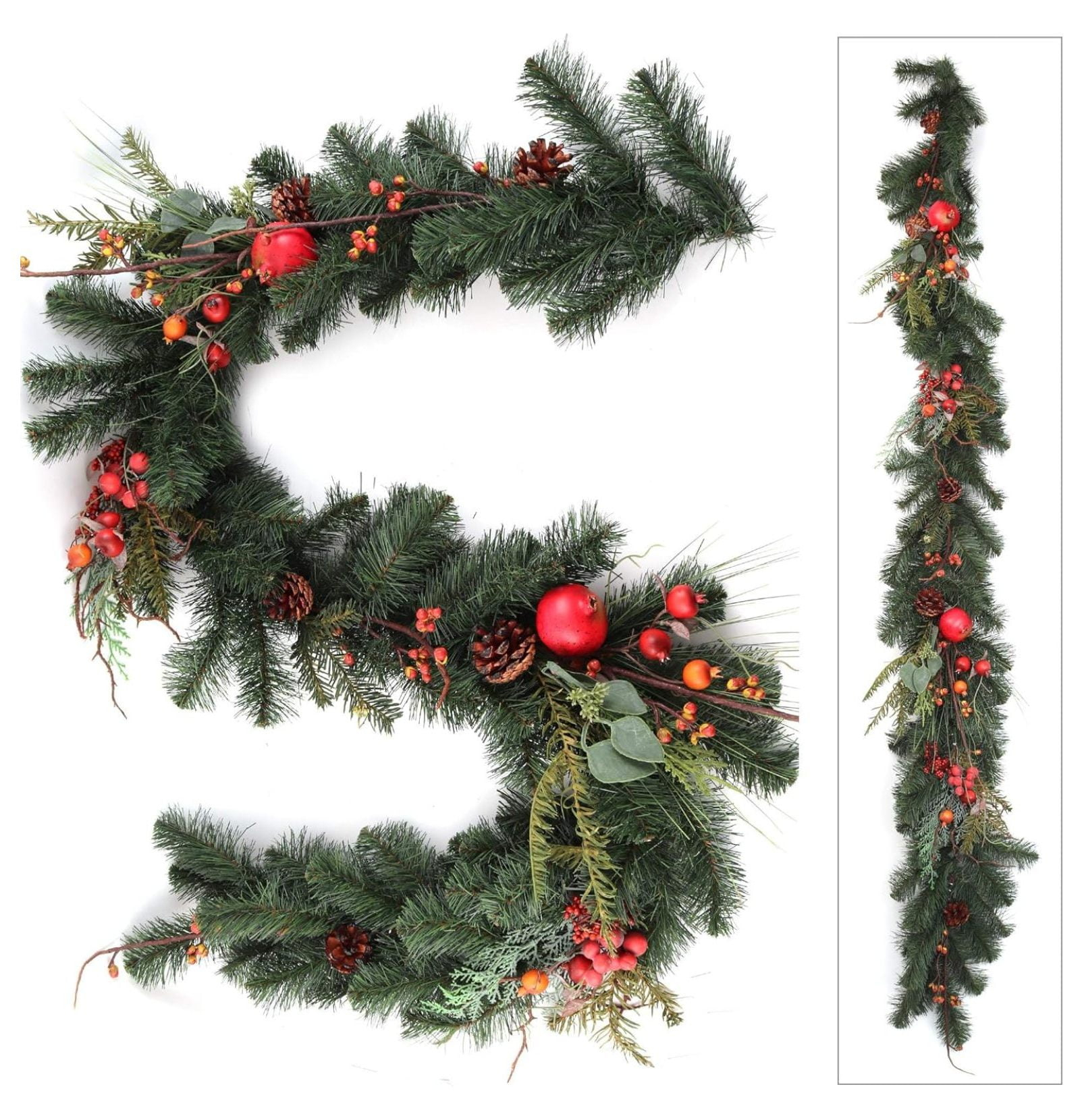 Holiday Pine with Cones, Berries, and Fruit - 6 Feet Long for Mantle, Front Door, Railings
