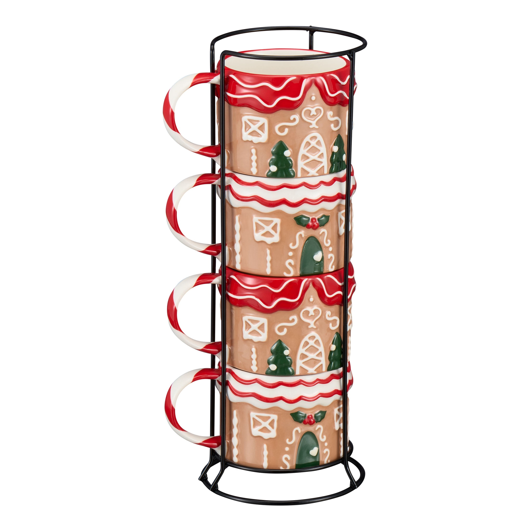 Holiday Time 12oz Gingerbread House Glazed Stoneware Ceramic Stacking Mug Set with Metal Rack