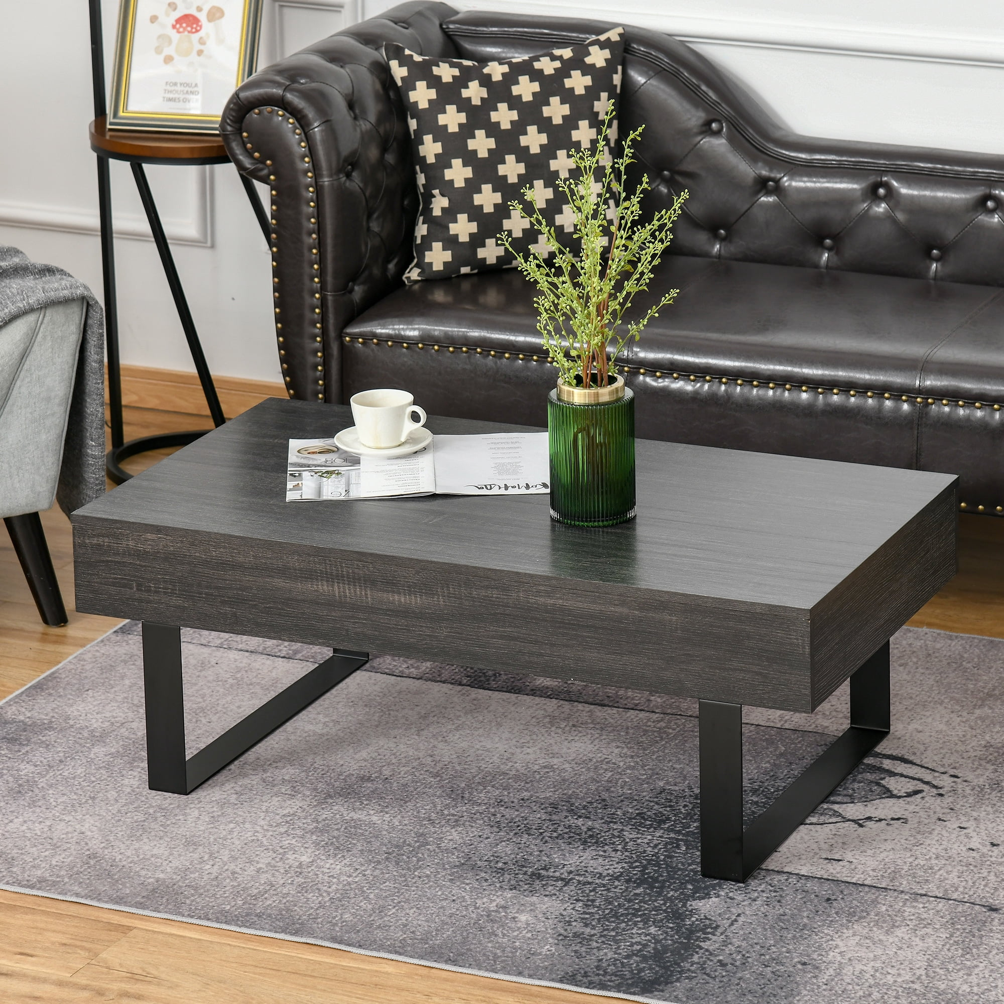 HomCom Industrial Coffee Table with Storage Drawer & Solid Metal Frame, Dark Grey