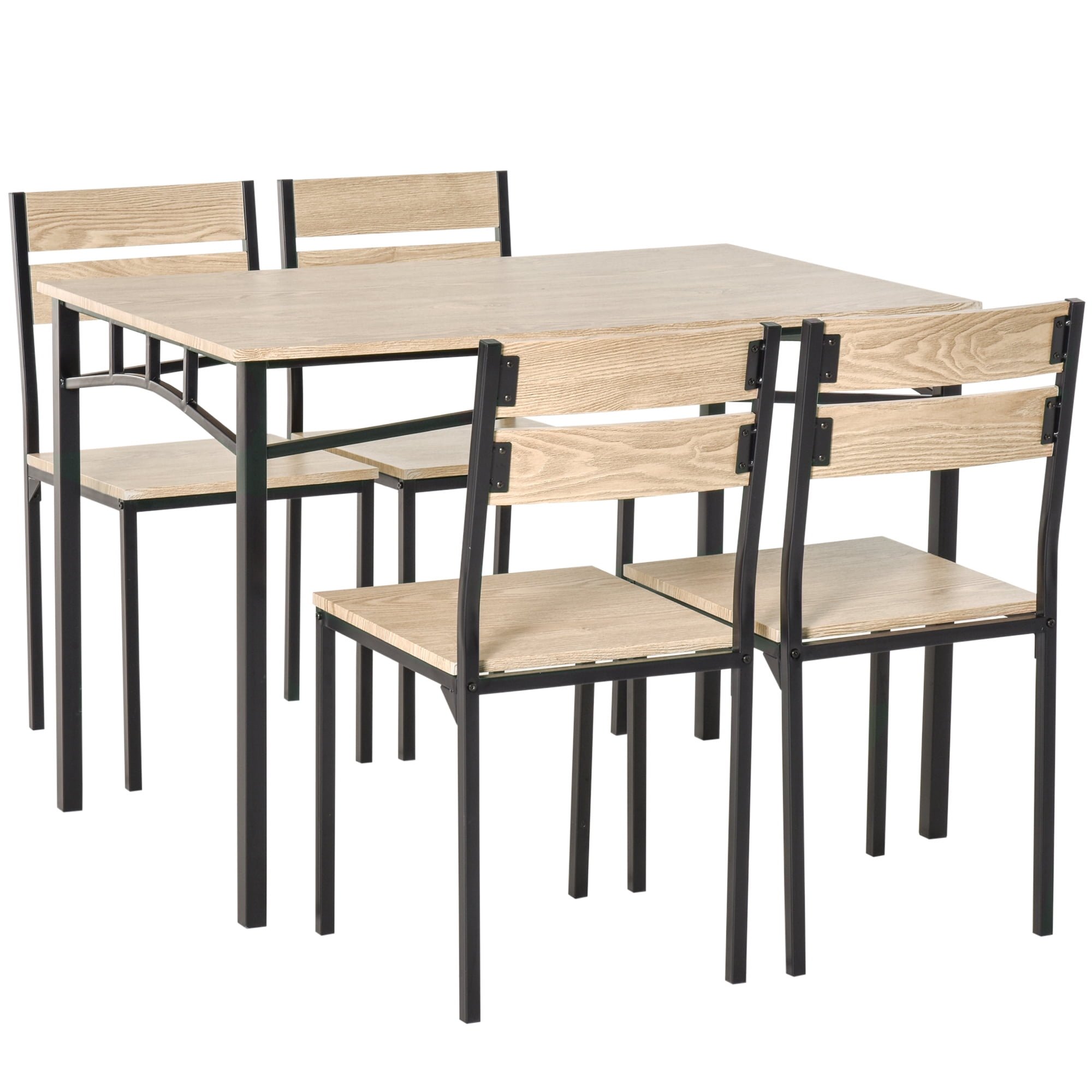 HomCom Rustic Industrial 5-Piece Dining Table Set Black Metal with 4 Chairs for Kitchen, or Dining Room, Oak