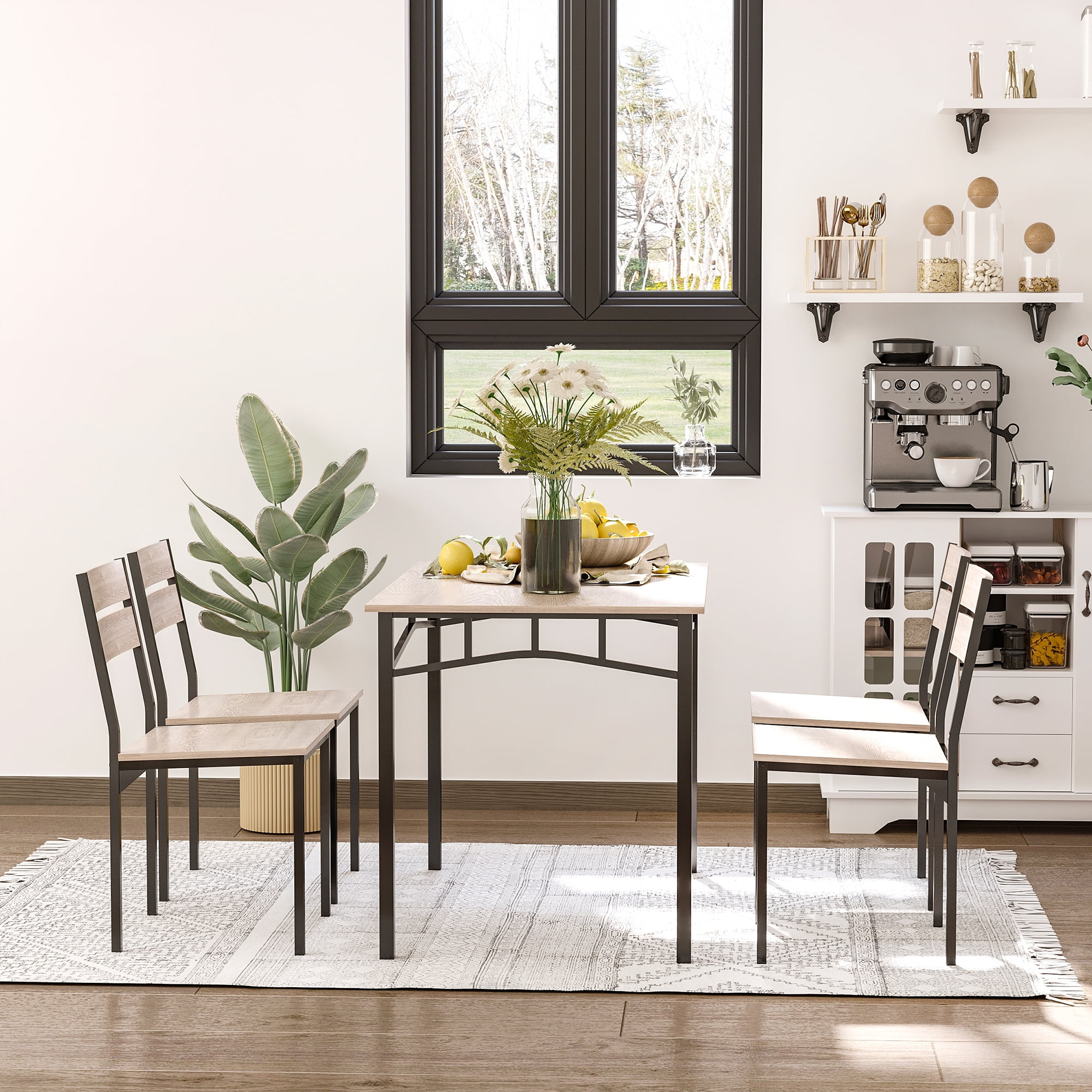 HomCom Rustic Industrial 5-Piece Dining Table Set Black Metal with 4 Chairs for Kitchen, or Dining Room, Oak