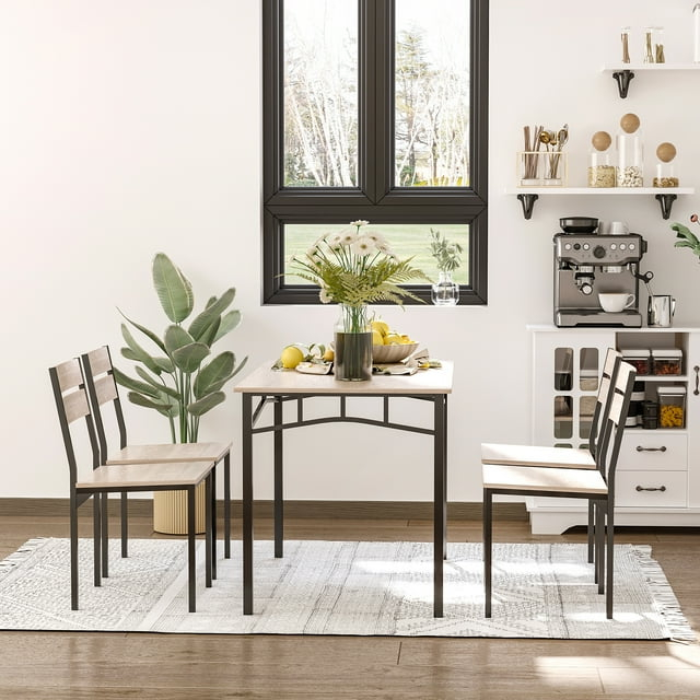 HomCom Rustic Industrial 5-Piece Dining Table Set Black Metal with 4 Chairs for Kitchen, or Dining Room, Oak