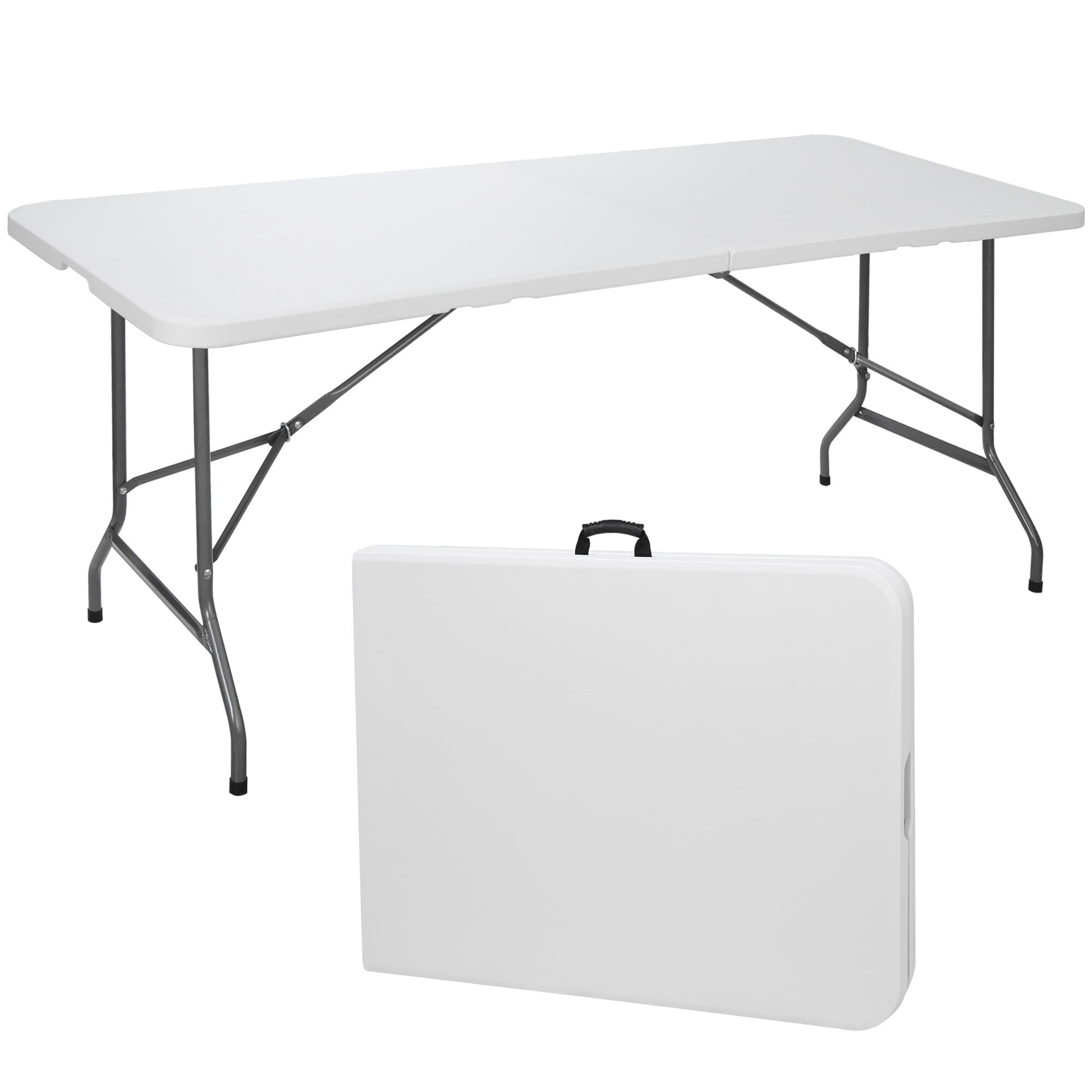 CL.HPAHKL Folding Table with Carrying Handle, Portable Plastic 6 Ft Camping Table, Sturdy Steel Frame for Indoor Outdoor, White