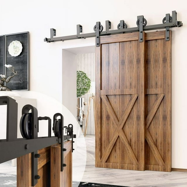 Homacer Black Rustic Double Track U-Shape Bypass Sliding Barn Door Hardware Kit, for Two/Double Doors, 8ft Long Flat Track, Spoke Wheel Design Roller, Heavy Duty, for Interior & Exterior Use