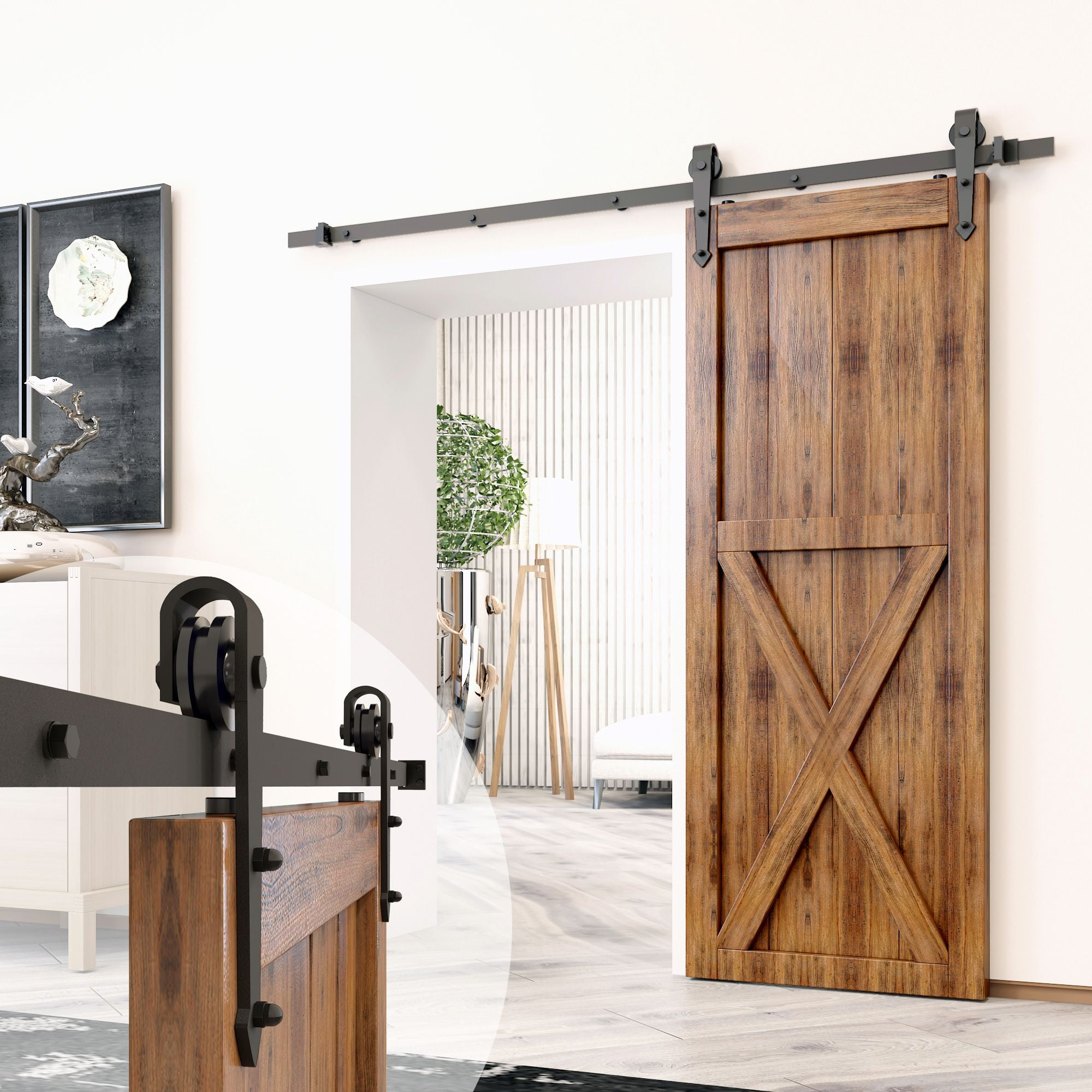 Homacer Black Rustic Sliding Barn Door Hardware Kit, for One/Single Door, 18ft Long Flat Track, Arrow Design Roller, Heavy Duty, for Interior & Exterior Use