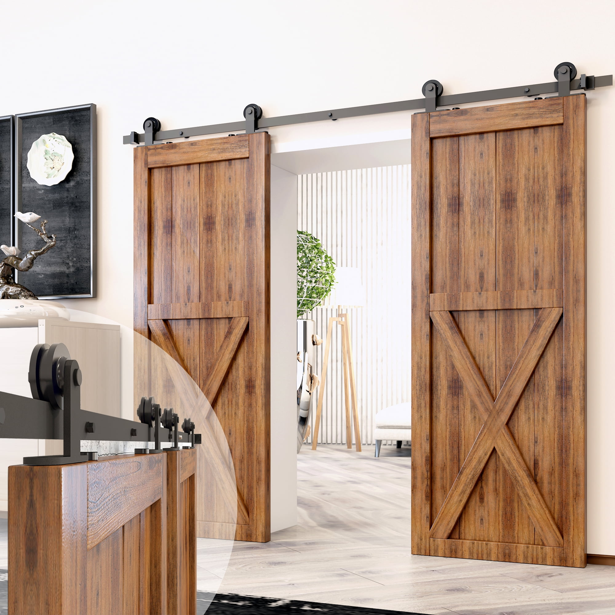 Homacer Black Rustic Sliding Barn Door Hardware Kit, for Two/Double Doors, 14ft Long Flat Track, T-Shape Design Roller, Heavy Duty, for Interior & Exterior Use