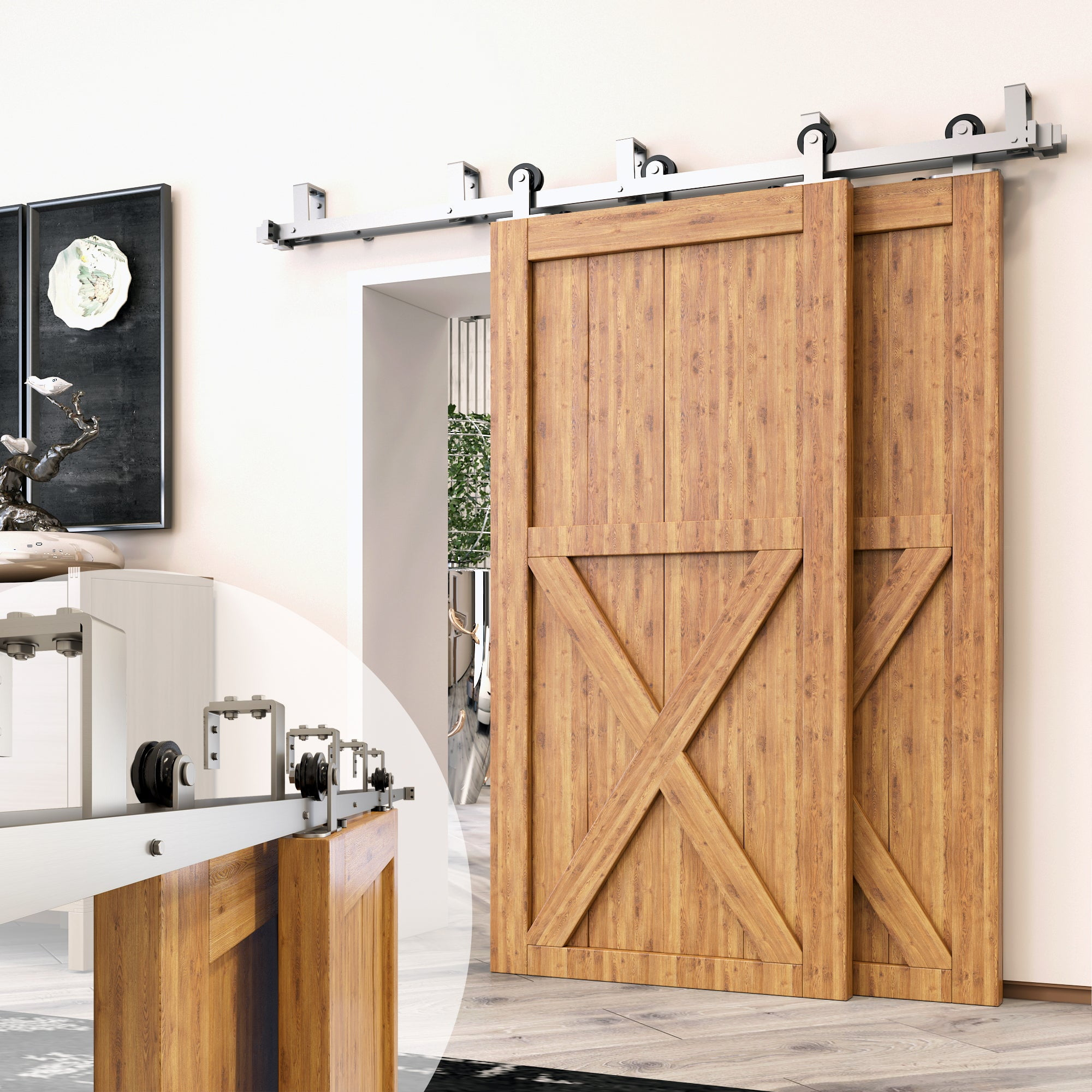 Homacer Brushed Nickel Double Track U-Shape Bypass Sliding Barn Door Hardware Kit, for Two/Double Doors, 6.6ft Long Flat Track, T-Shape Design Roller, Heavy Duty, for Interior & Exterior Use