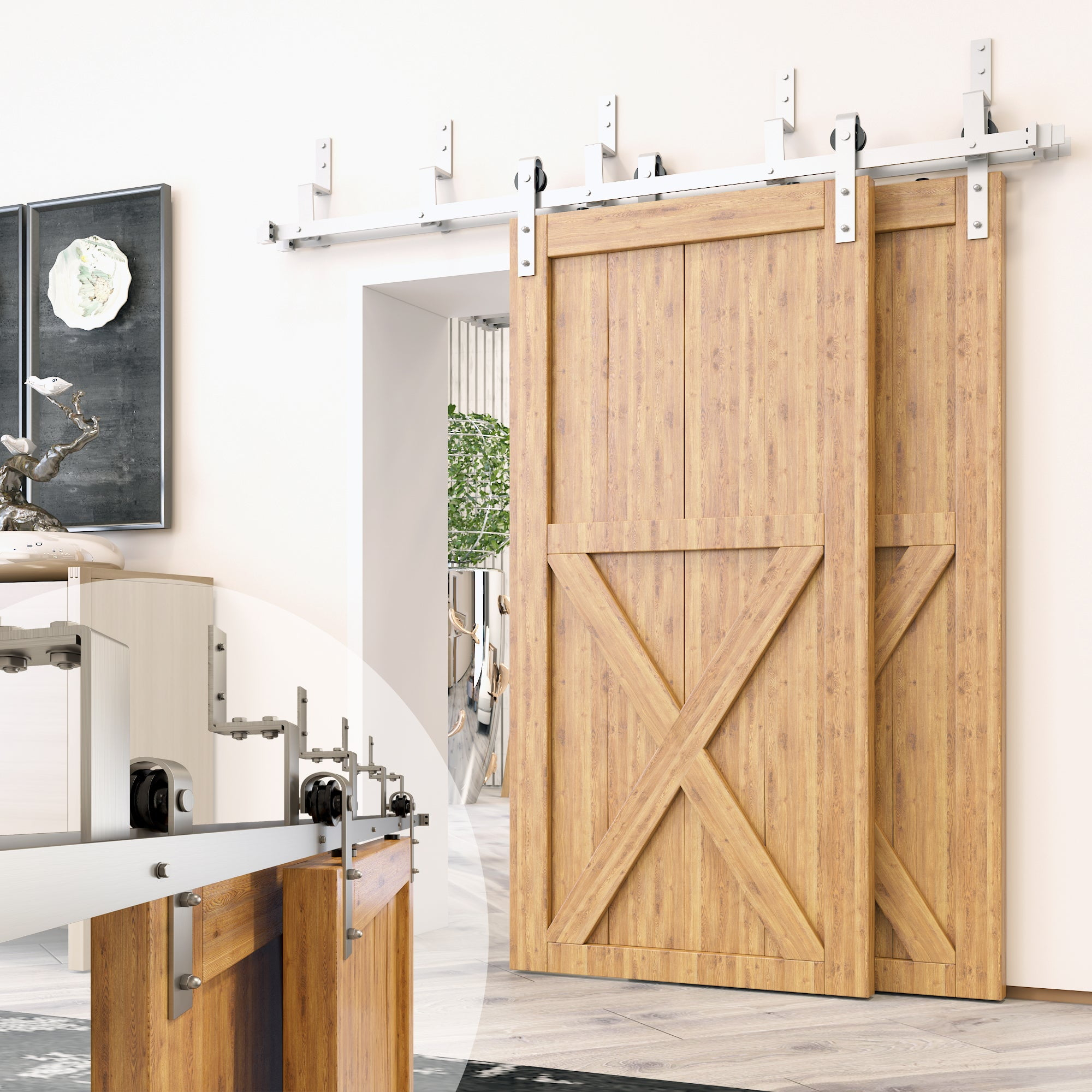 Homacer Brushed Nickel Double Track Z-Shape Bypass Sliding Barn Door Hardware Kit, for Two/Double Doors, 4ft Long Flat Track, Classic Design Roller, Heavy Duty, for Interior Use