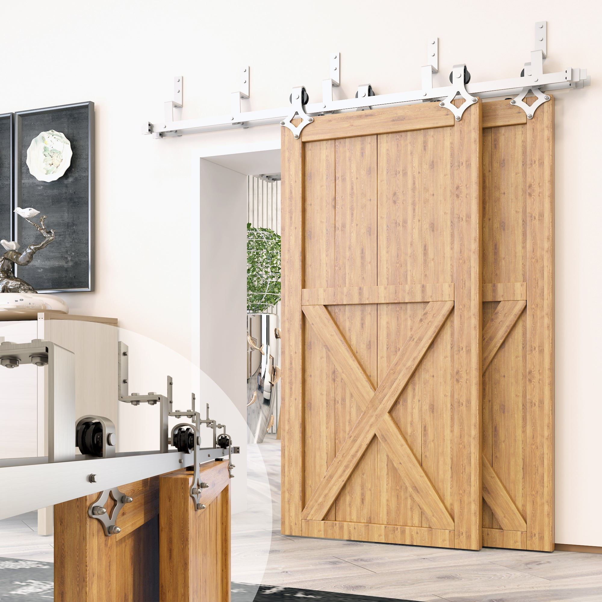 Homacer Brushed Nickel Double Track Z-Shape Bypass Sliding Barn Door Hardware Kit, for Two/Double Doors, 6ft Long Flat Track, Diamond Design Roller, Heavy Duty, for Interior Use