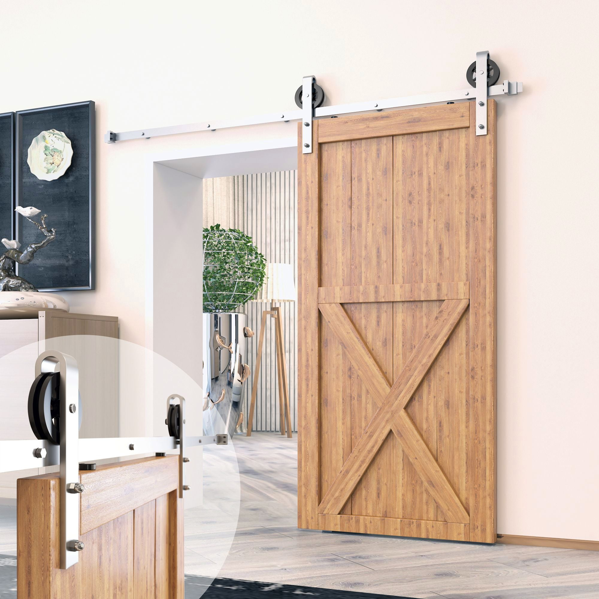 Homacer Brushed Nickel Sliding Barn Door Hardware Kit, for One/Single Door, 4ft Long Flat Track, Spoke Wheel Design Roller, Heavy Duty, for Interior & Exterior Use