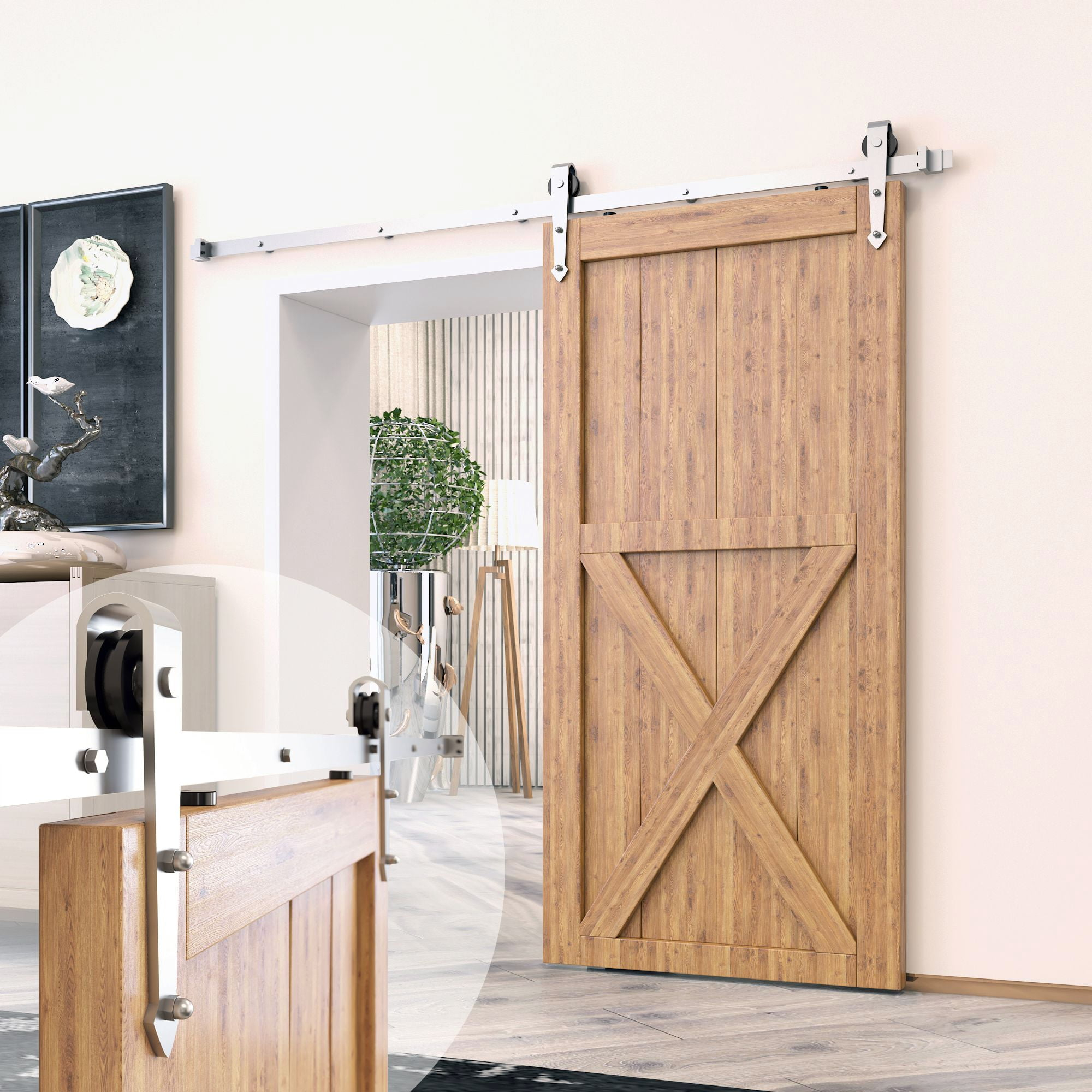 Homacer Kit de Herrajes para Puerta de Granero Deslizante de Níquel Cepillado para Una/puerta Nica, Riel Plano de 7 Pies de Largo, Rodillo con Diseño de Flecha, Resistente, para Uso Interior y Exterior