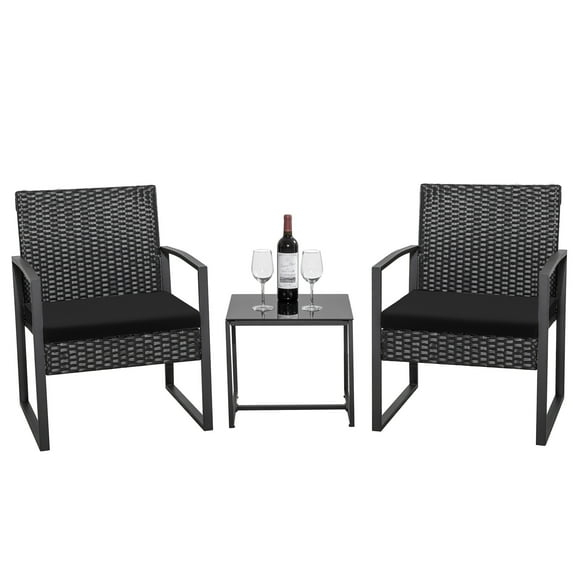 Black Steel and Wicker 3-Piece Patio Bistro Set with Beige Cushions