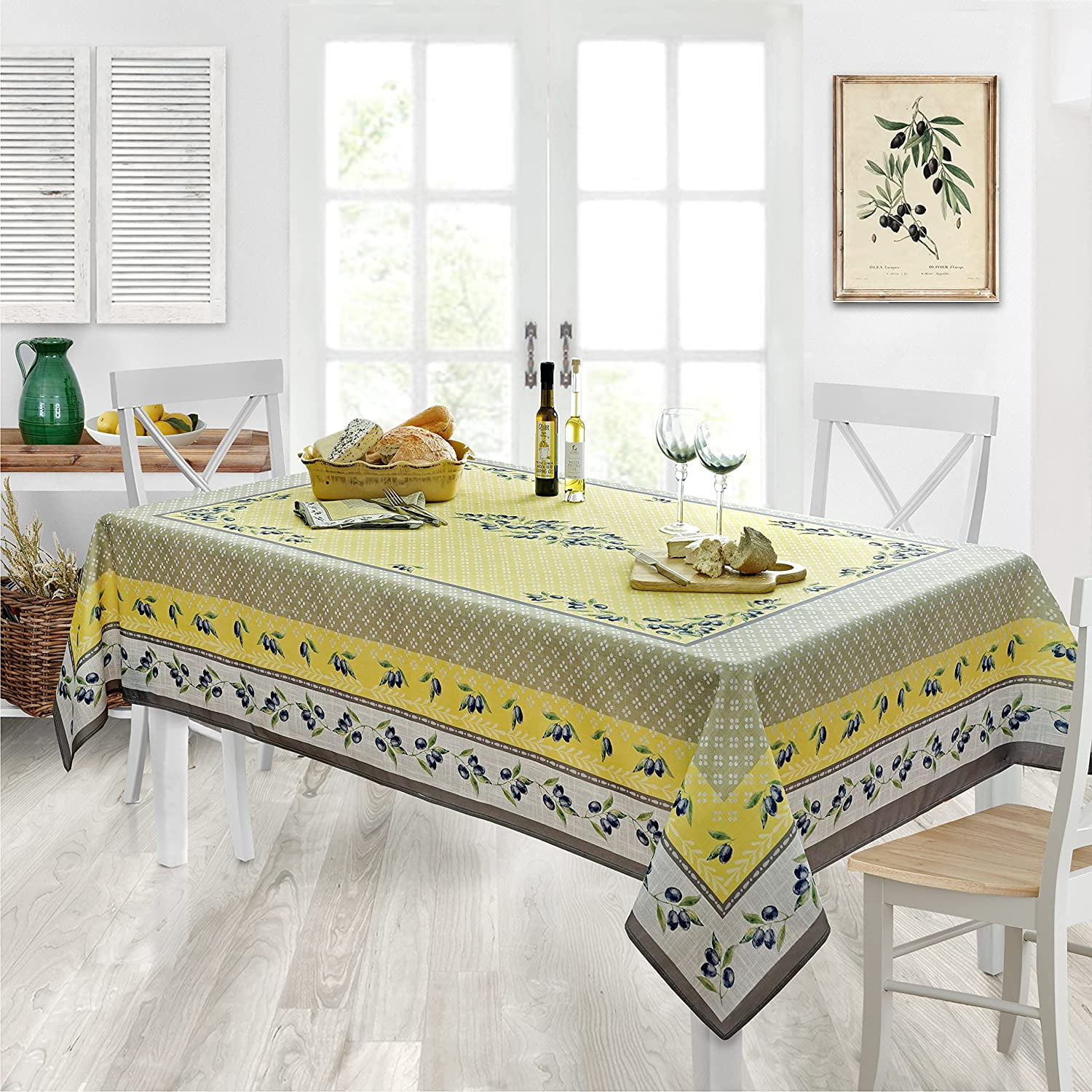 Home Bargains Plus Rectangle Fabric Tablecloth, 60 x 120 inch, Olivier Yellow and Grey Country Olive