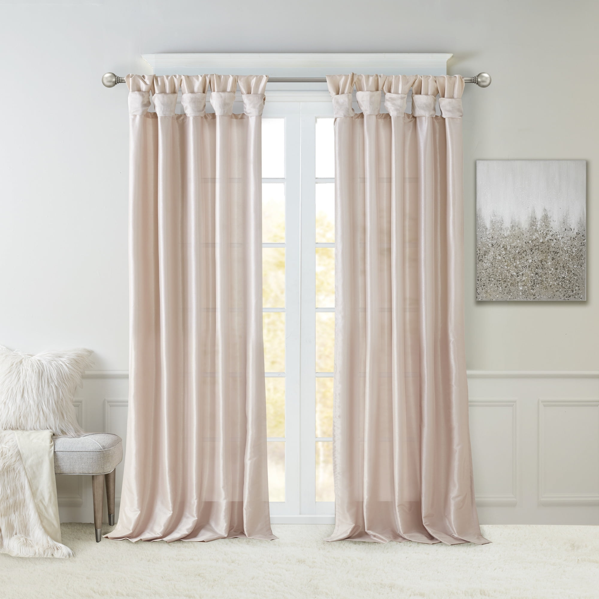 Madison Park Solid Pattern Faux Silk Twist Tab Top Curtain Panel, 50'' x 84'', Blush
