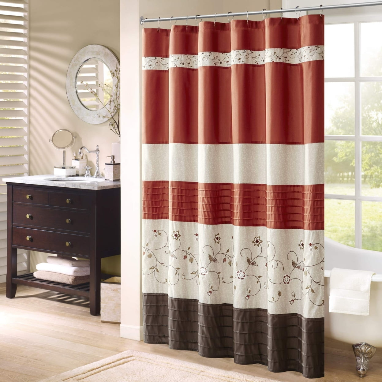 Madison Park Serene Faux Silk Embroidered Floral Shower Curtain, Spice, 72x72"