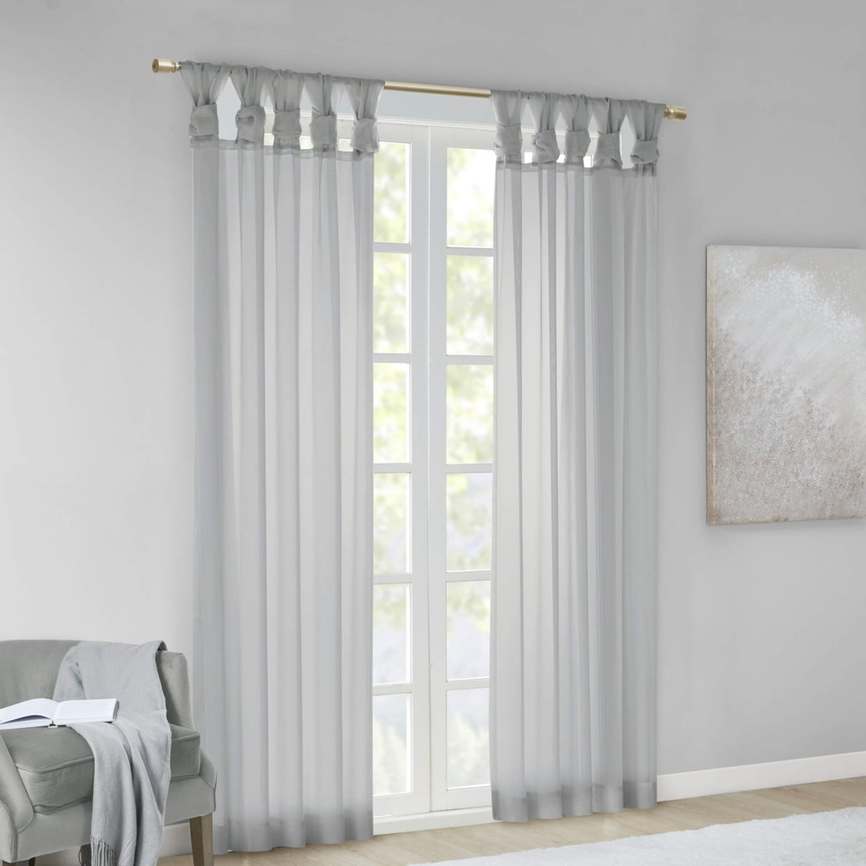 Madison Park Ceres Adult Twisted Tab Voile Sheer Curtain Panel Pair Light Grey 50x63 - Indoor Living Room