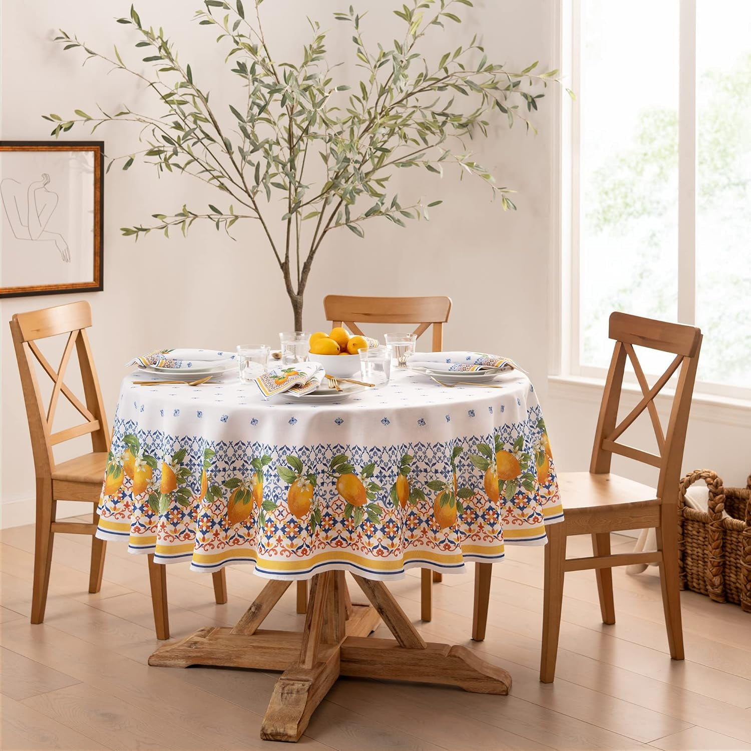Capri Lemon Double Border Tablecloth - Multicolor - 70" Round - Elrene Home Fashions