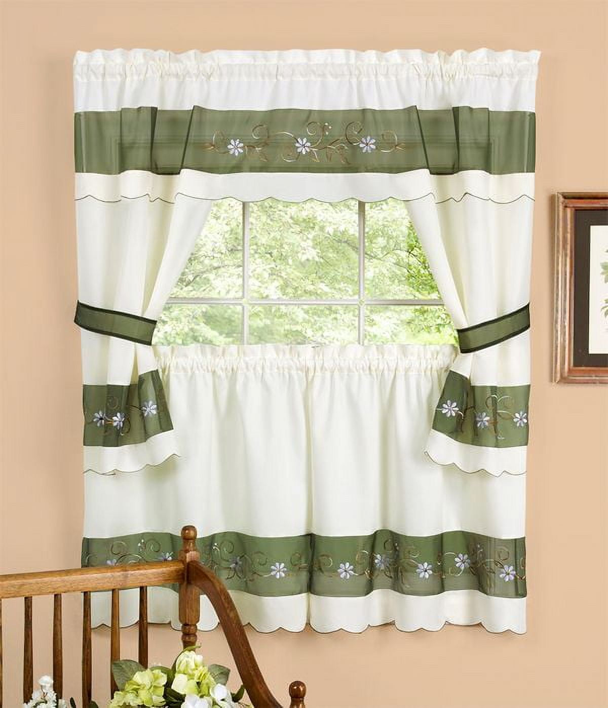 Home Furnishing Berkshire Window Curtains 3-Piece Embellished Cottage Set - 56" (W) x 24" (L) Complete Set, Green