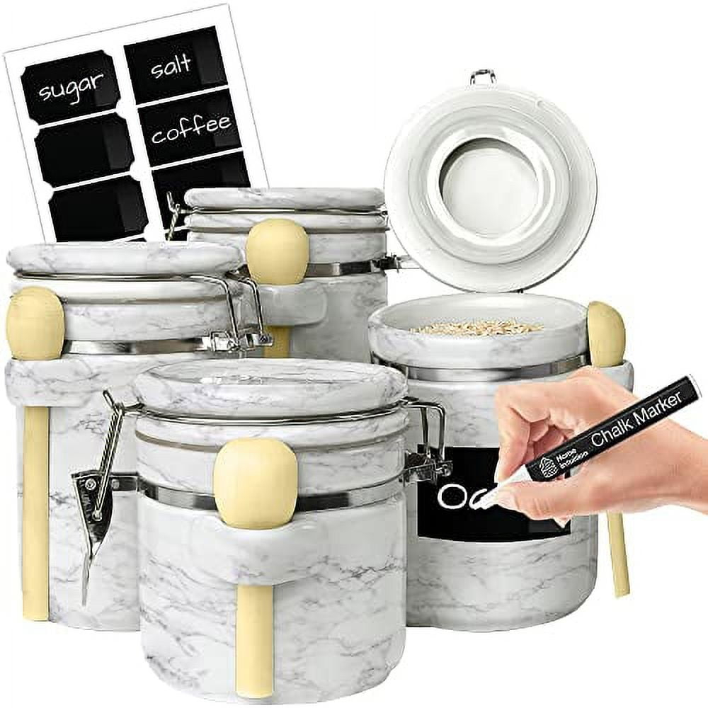 Home Intuition Home Intuition Ceramic Kitchen Canisters Set of 4 with Wooden Spoons Reusable Chalk Labels, Coffee, Tea (Light Blue)