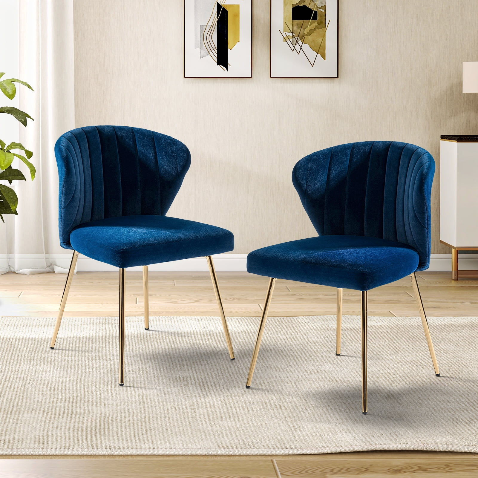Home Velvet Dining Chairs Set of 2 Upholstered Wingback Accent Side Chairs Metal Legs Living Room Kitchen Navy